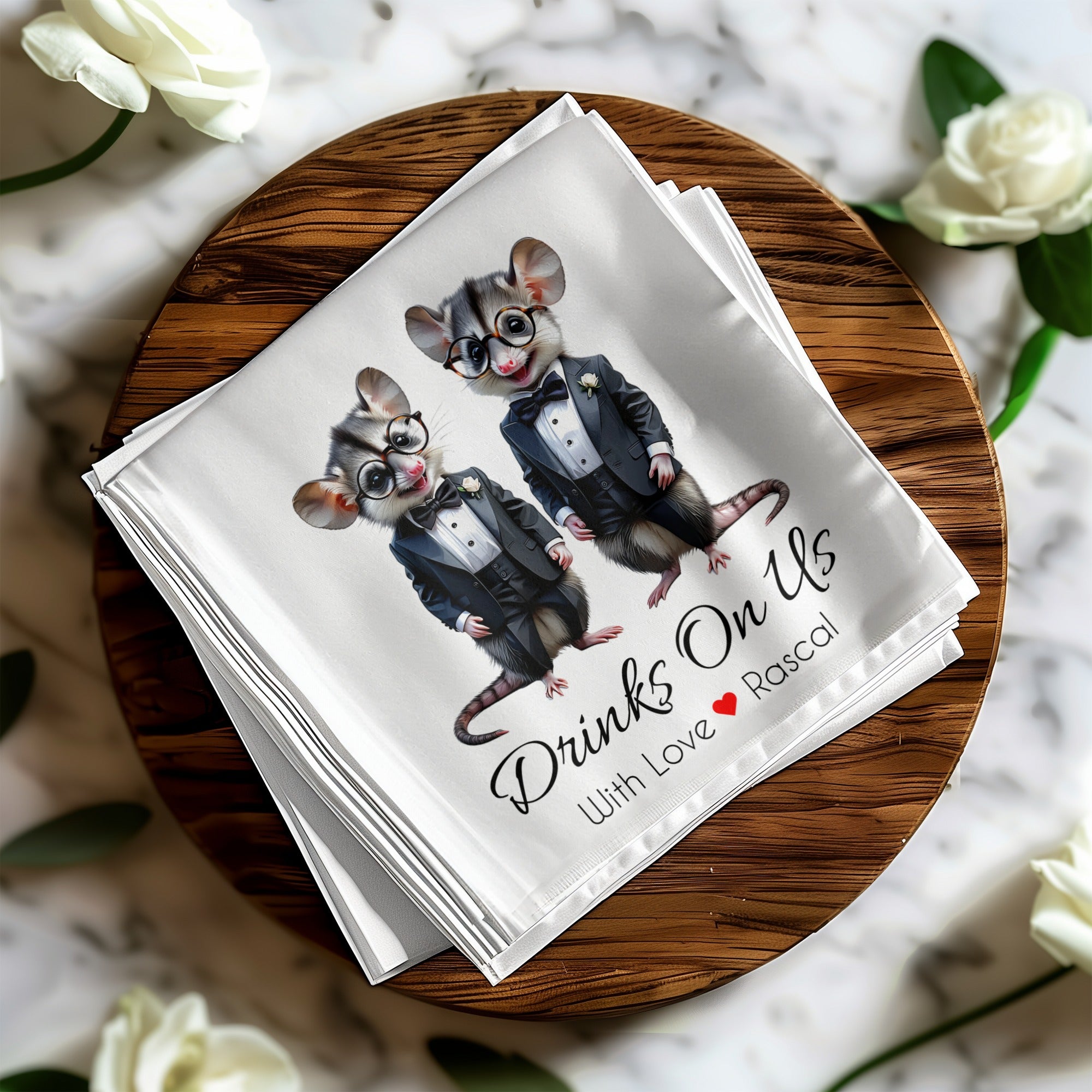 Rascal Napkin, Opossum Napkin, Drinks On Us, Tuxedo Napkin, Animal Napkin, Funny Napkin, Party Napkin, Hostess Napkin, Cocktail Napkin