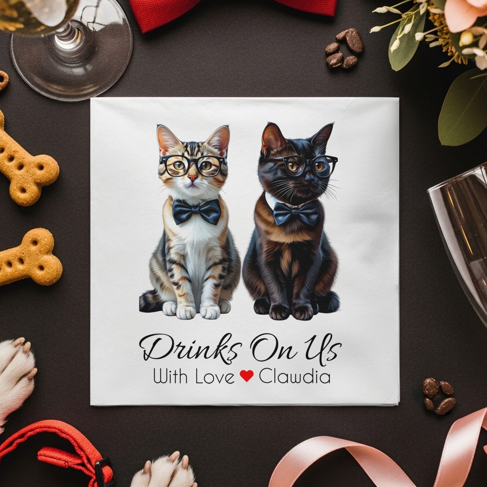 Cats Napkin, Funny Cat Napkins, Party Napkins, Drinks On Us Napkin, Pet Lover Gift, Cat with Bow Tie, Cute Cat Napkins