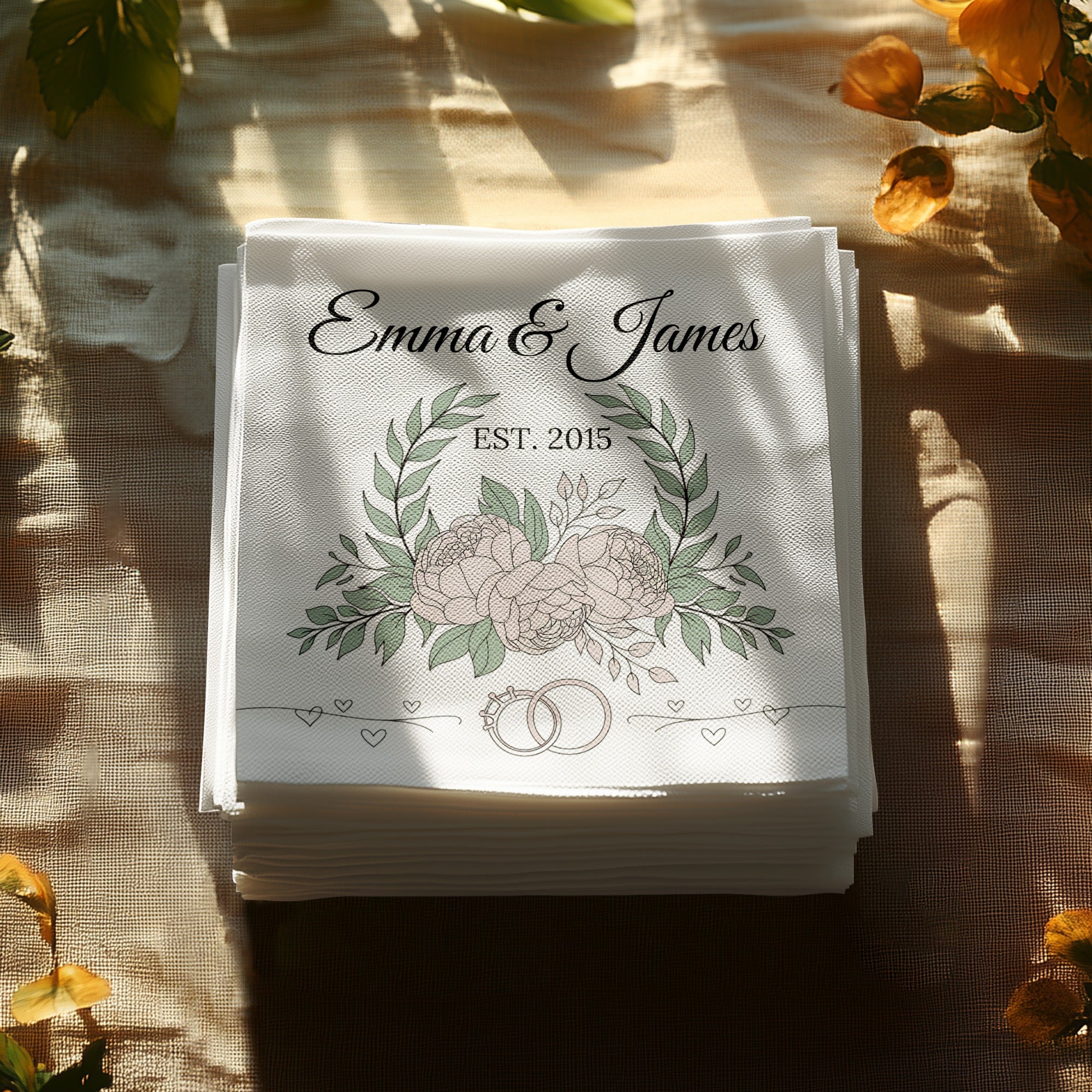 Personalized Wedding Napkins – Established Date with Rings – Custom Wedding Napkin with Floral Accents – Classic Botanical Theme