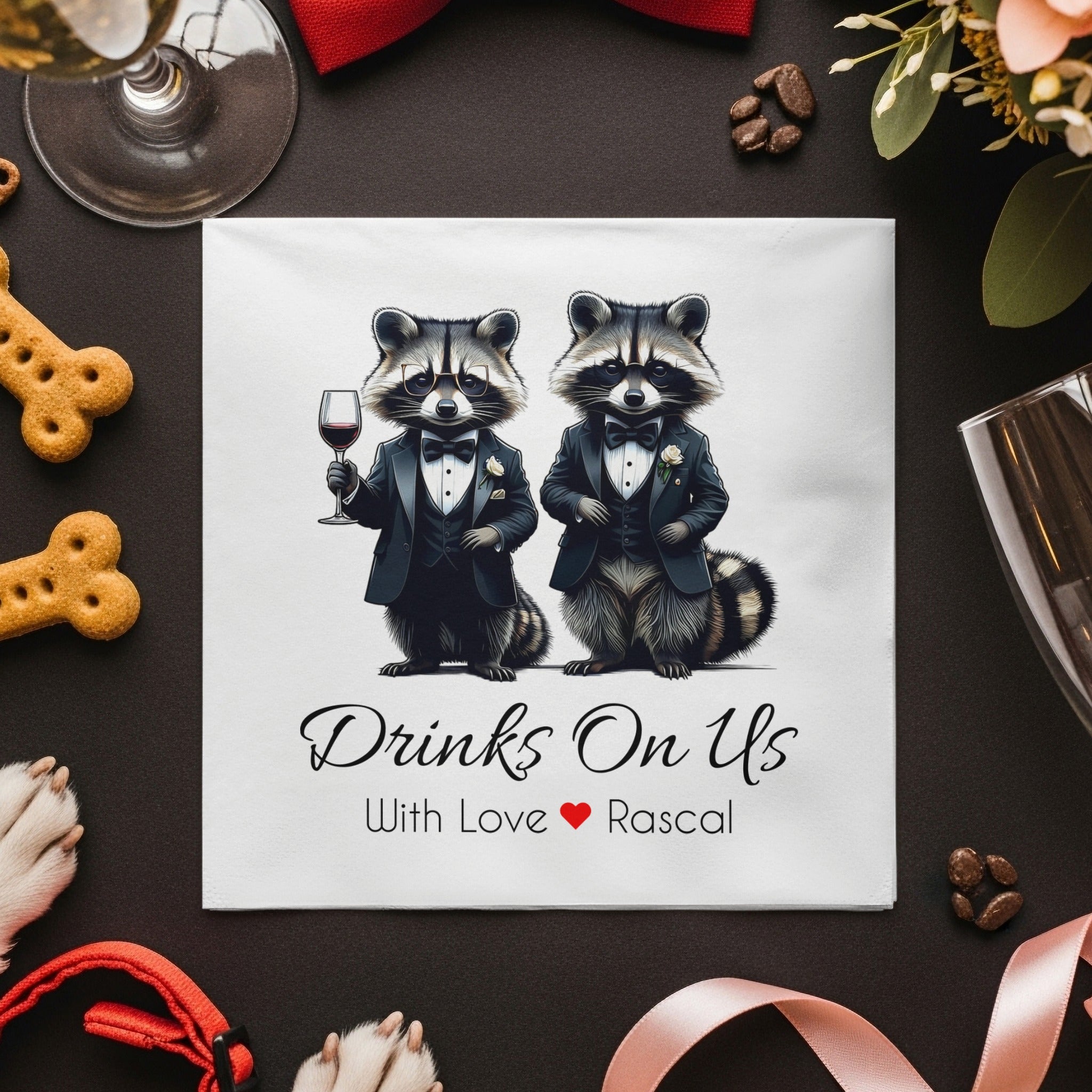 Tuxedo Raccoon Napkin, Funny Raccoon Napkin, Drinks On Us Napkin, Cute Animal Napkin, Party Napkin, Host Gift, Wedding Napkin