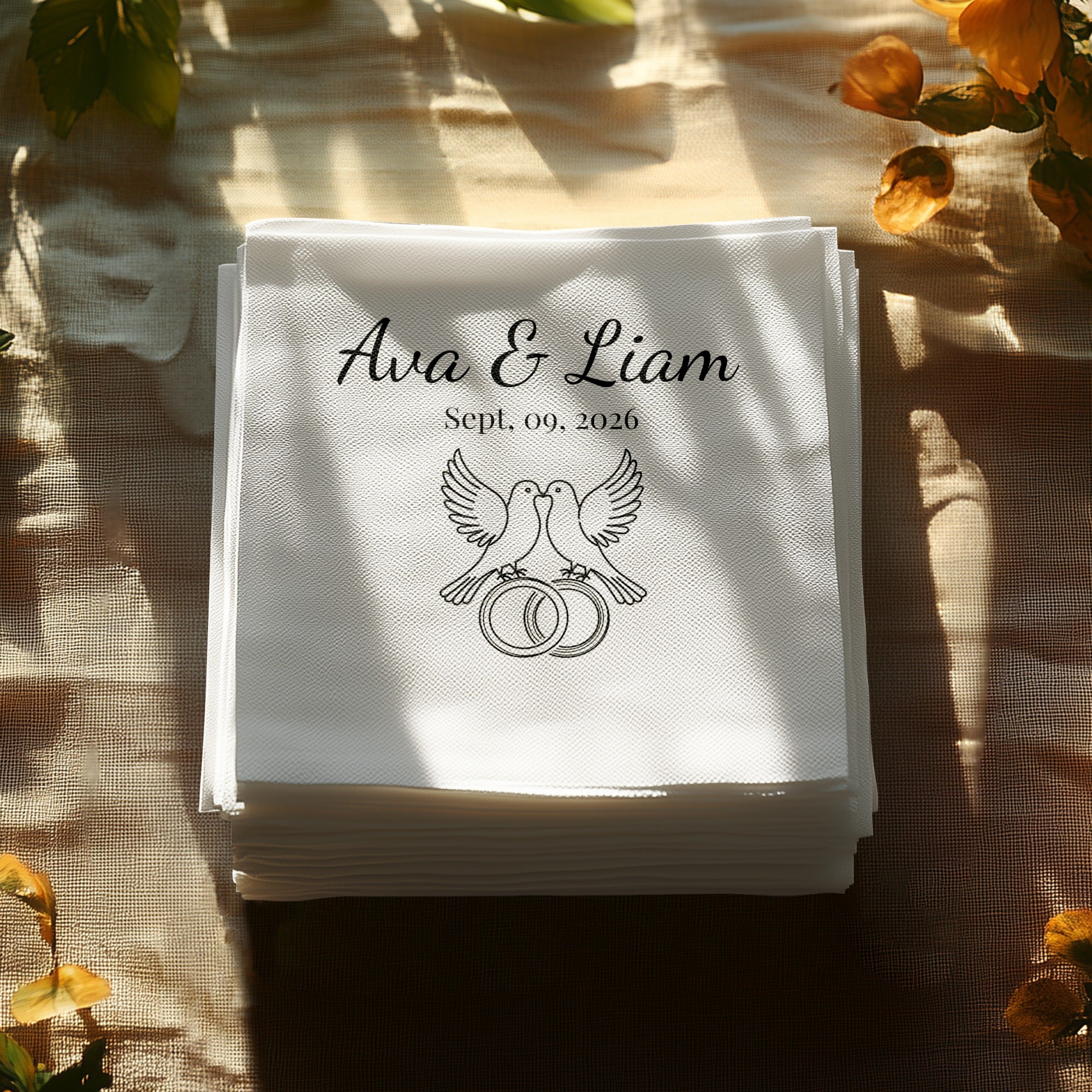 Personalized Wedding Napkins – Love Birds & Rings – Custom Wedding Napkin with Doves and Rings – Symbol of Commitment