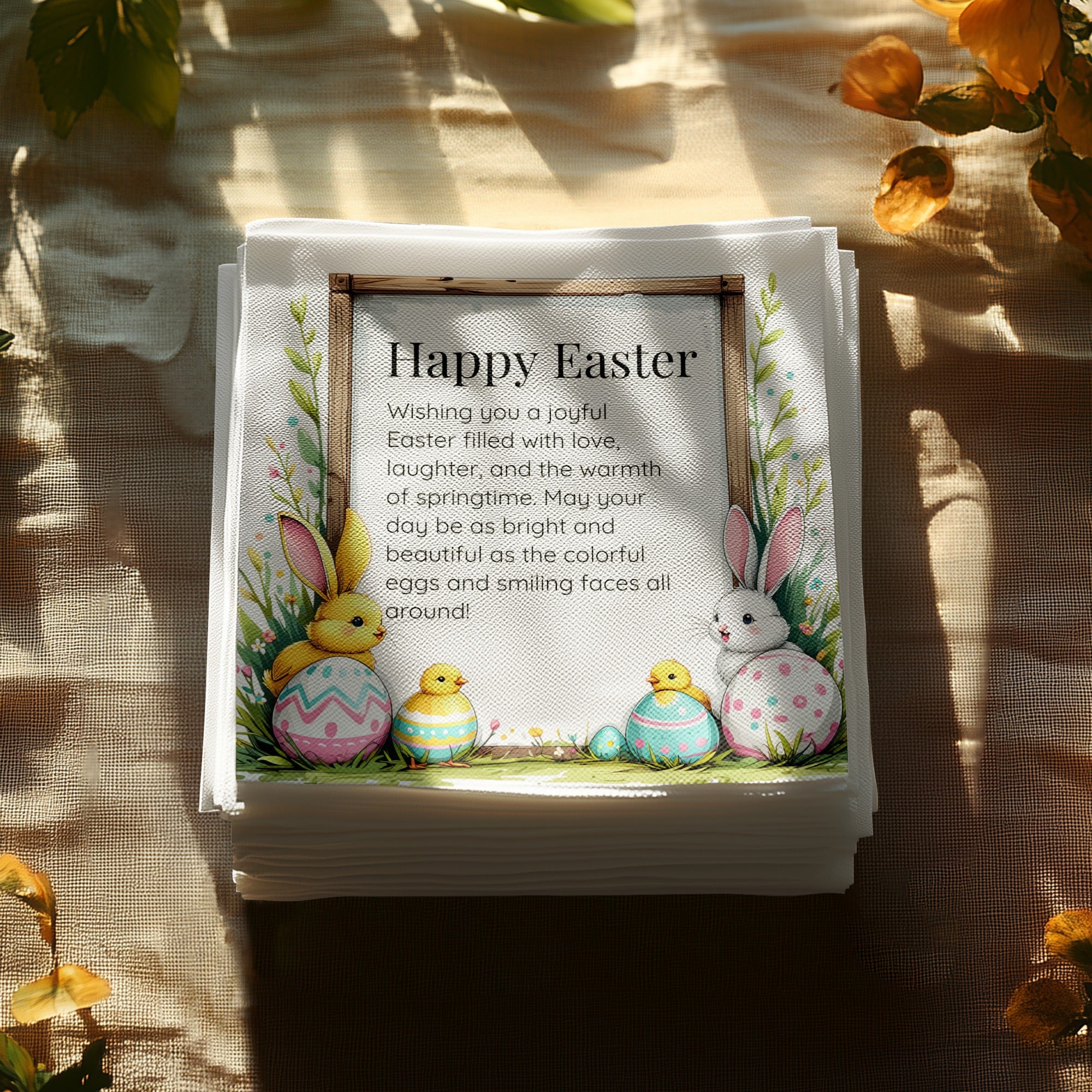 Happy Easter Custom Napkins – Bunny, Eggs & Spring Flowers – Personalized Holiday Napkin