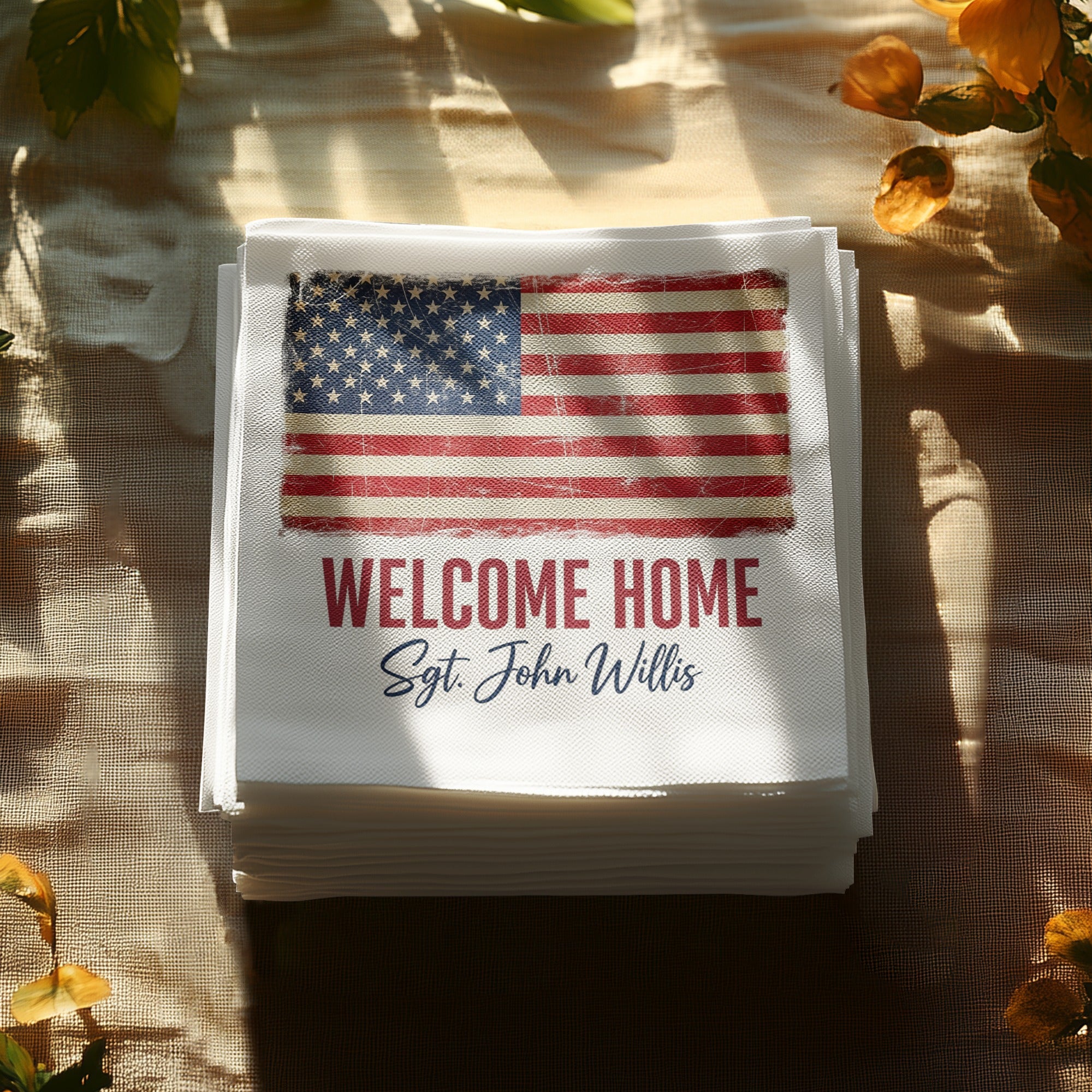 Welcome Home Napkin, American Flag, Sgt John Willis, Patriotic Napkin, Military Napkin, Celebration Napkin, Party Favor