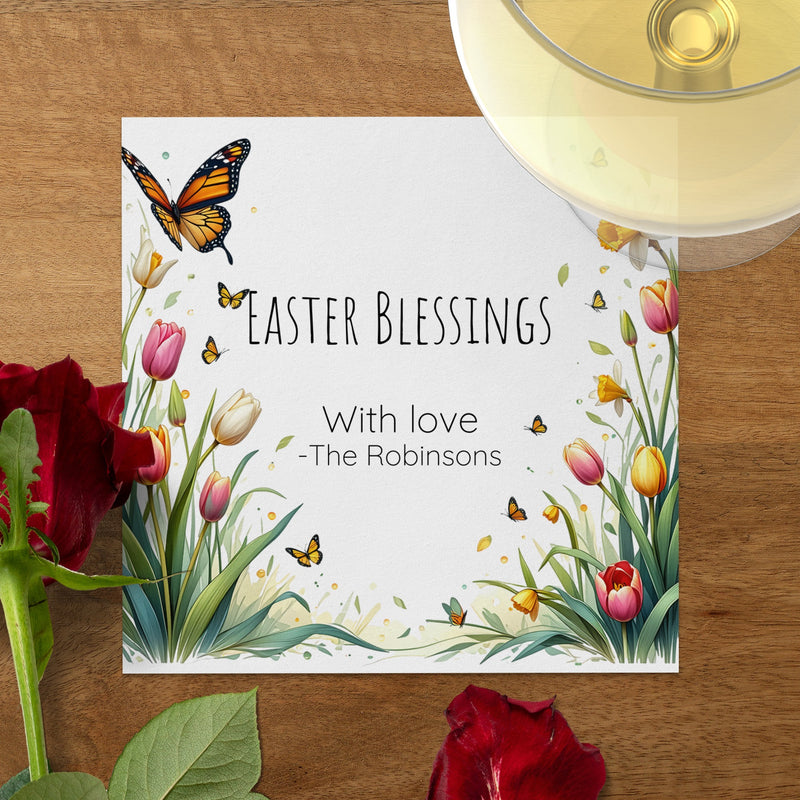 Personalized Easter Blessings Napkins – Spring Tulips & Butterflies – Custom Easter Party Napkin with Name