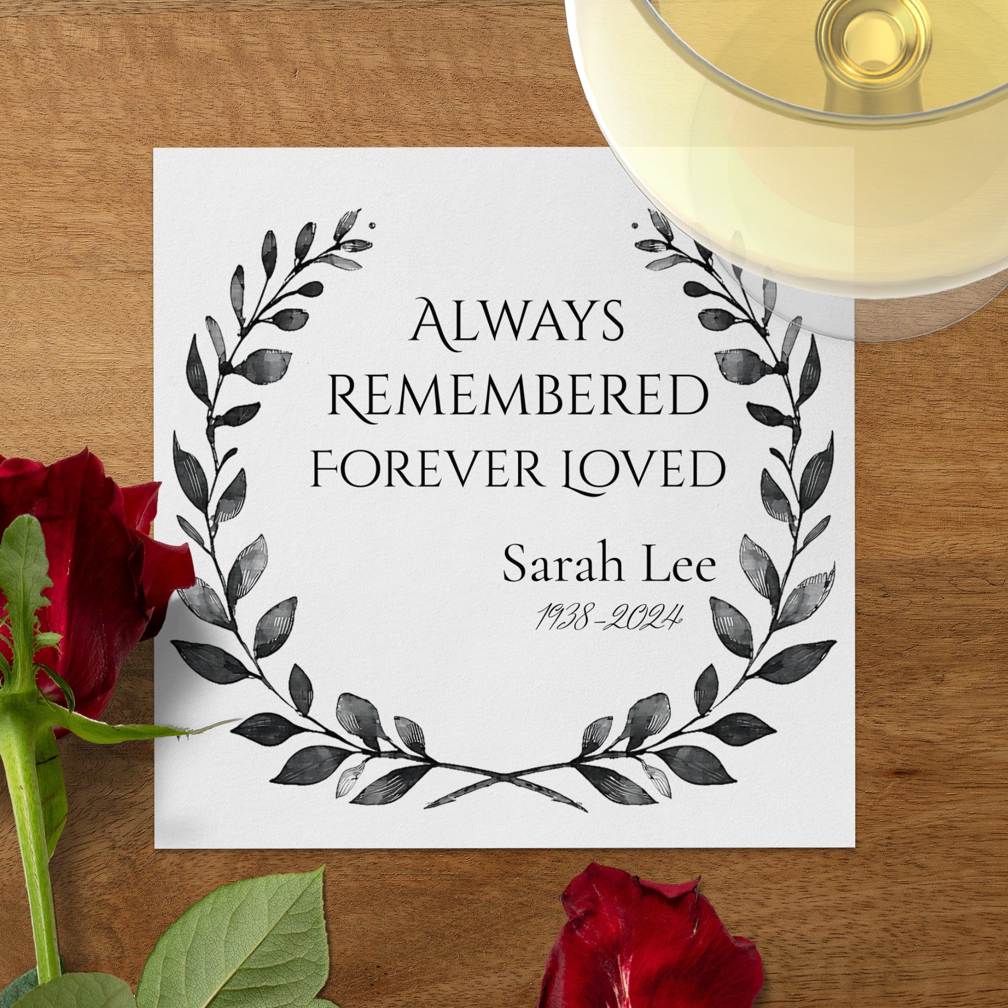 Personalized Memorial Napkins – Custom Funeral Napkin with Name & Years – Always Remembered Forever Loved – Laurel Wreath Design