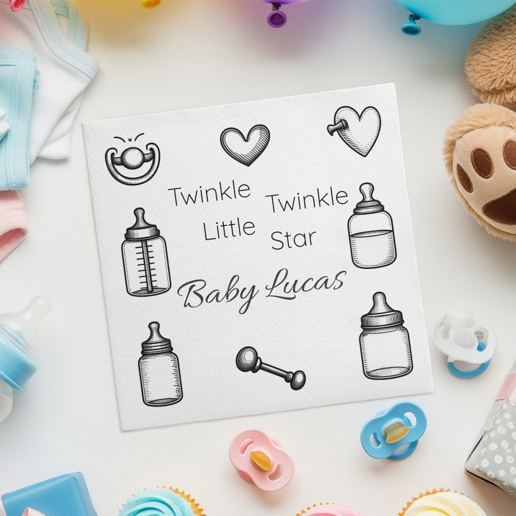 Personalized Baby Shower Napkins – Twinkle Twinkle – Custom Baby Shower Napkin with Black & White Icons – Minimal Nursery Style