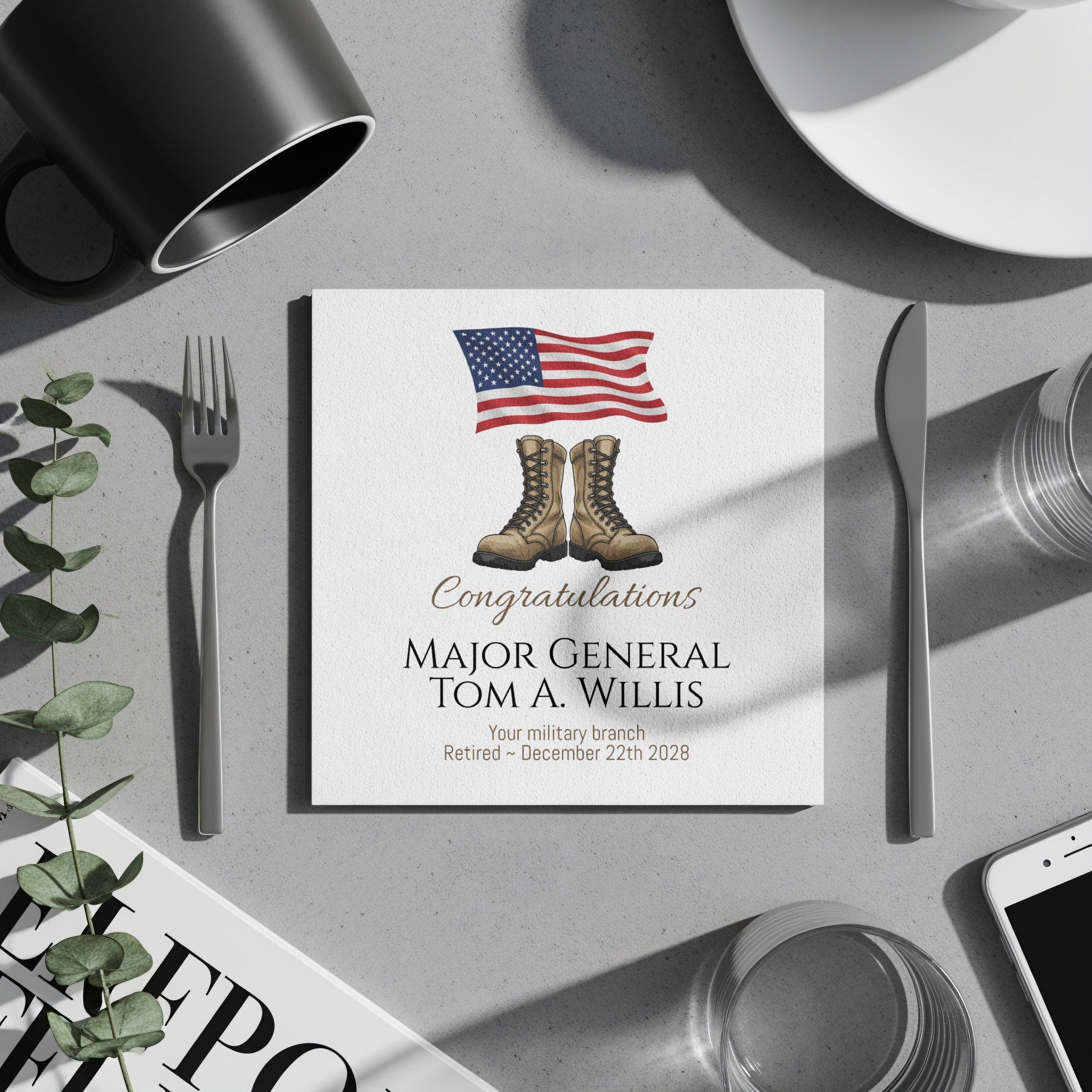 Military Retirement Napkin, Personalized Celebration, Patriotic American Flag, Veteran Appreciation Gift, Boots Napkin, Retirement Party