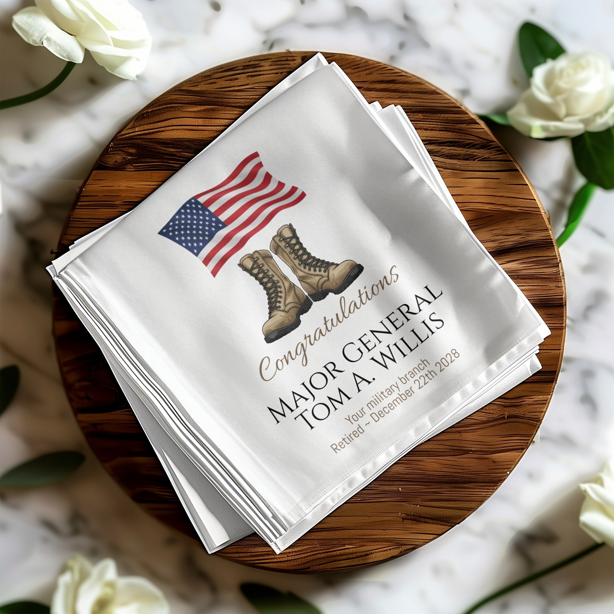 Military Retirement Napkin, Personalized Celebration, Patriotic American Flag, Veteran Appreciation Gift, Boots Napkin, Retirement Party