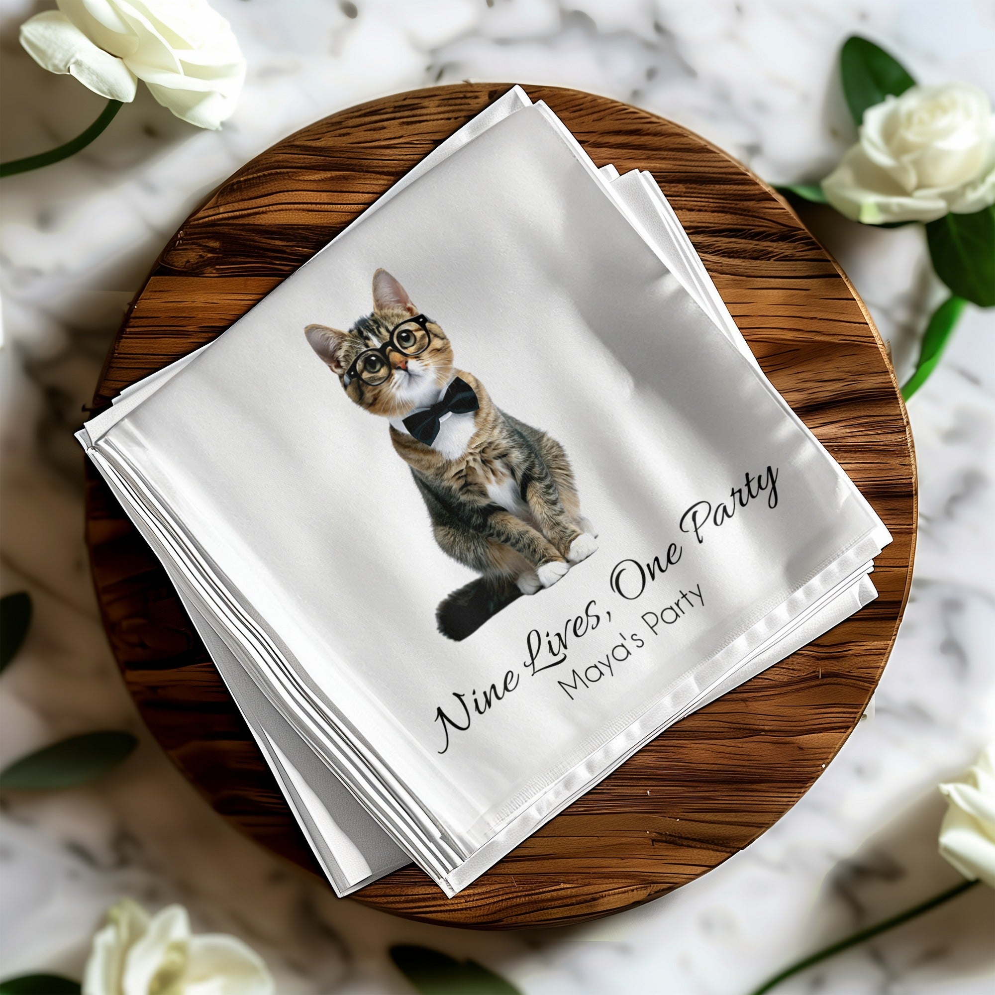 Nine Lives One Party Napkin, Cat Lover Napkin, Pet Party Napkin, Funny Napkin, Maya's Party, Cute Party Napkin, Cat in Bow Tie Napkin