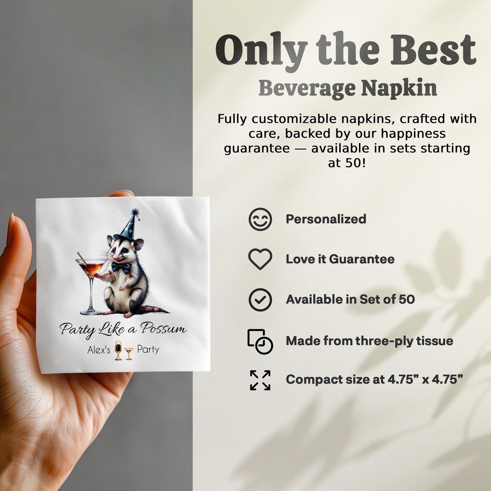 Party Possum Napkin, Cocktail Napkin, Funny Animal Napkin, Birthday Party Decoration, Festive Napkin, Unique Party Favor, Cute Napkin
