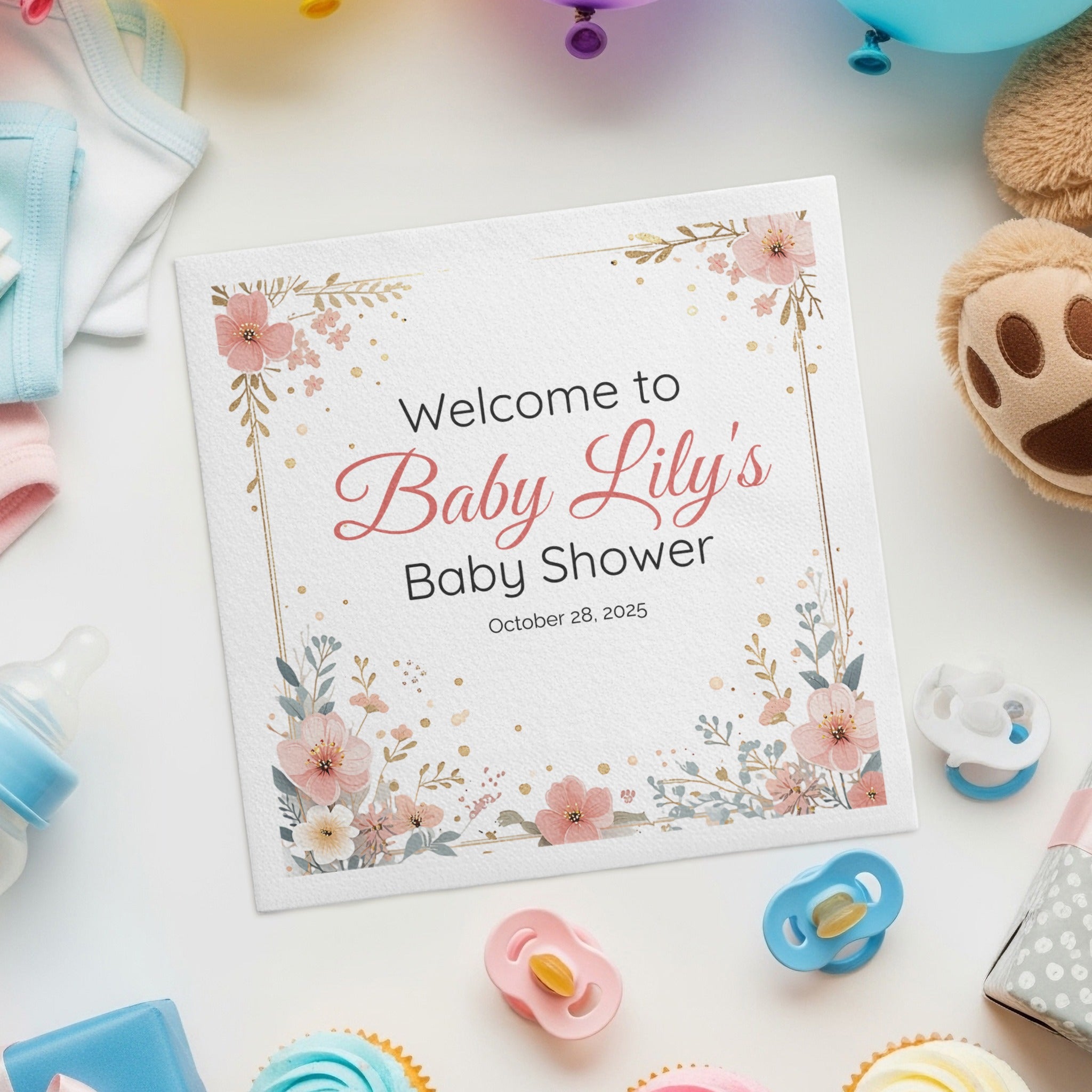 Personalized Baby Shower Napkins – Welcome Baby Floral – Custom Baby Shower Napkin with Name & Date – Featuring Gold-Speckled Blossoms