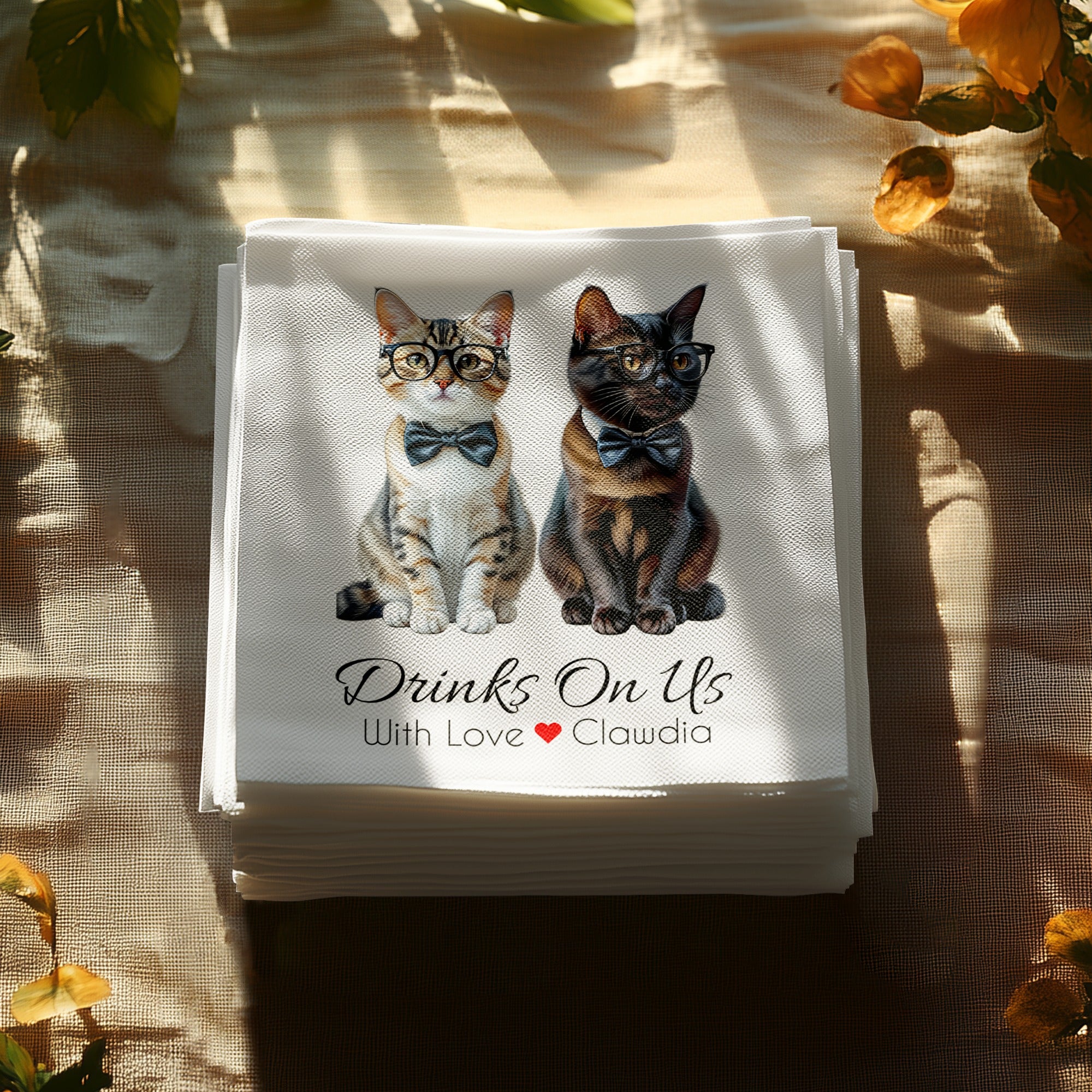 Cats Napkin, Funny Cat Napkins, Party Napkins, Drinks On Us Napkin, Pet Lover Gift, Cat with Bow Tie, Cute Cat Napkins