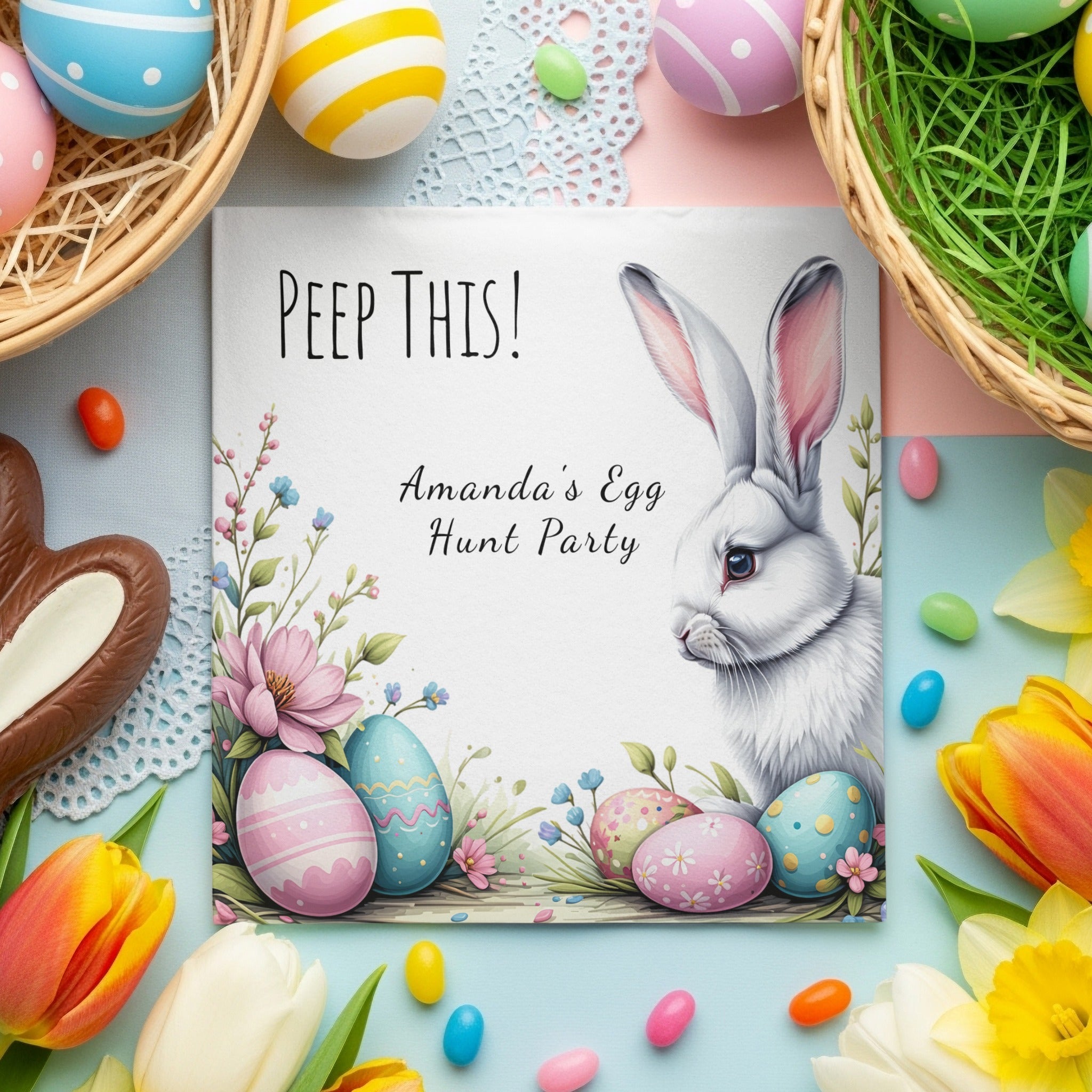 Peep This! Funny Easter Napkins – Bunny & Easter Egg Hunt Design – Personalized Spring Party Napkins