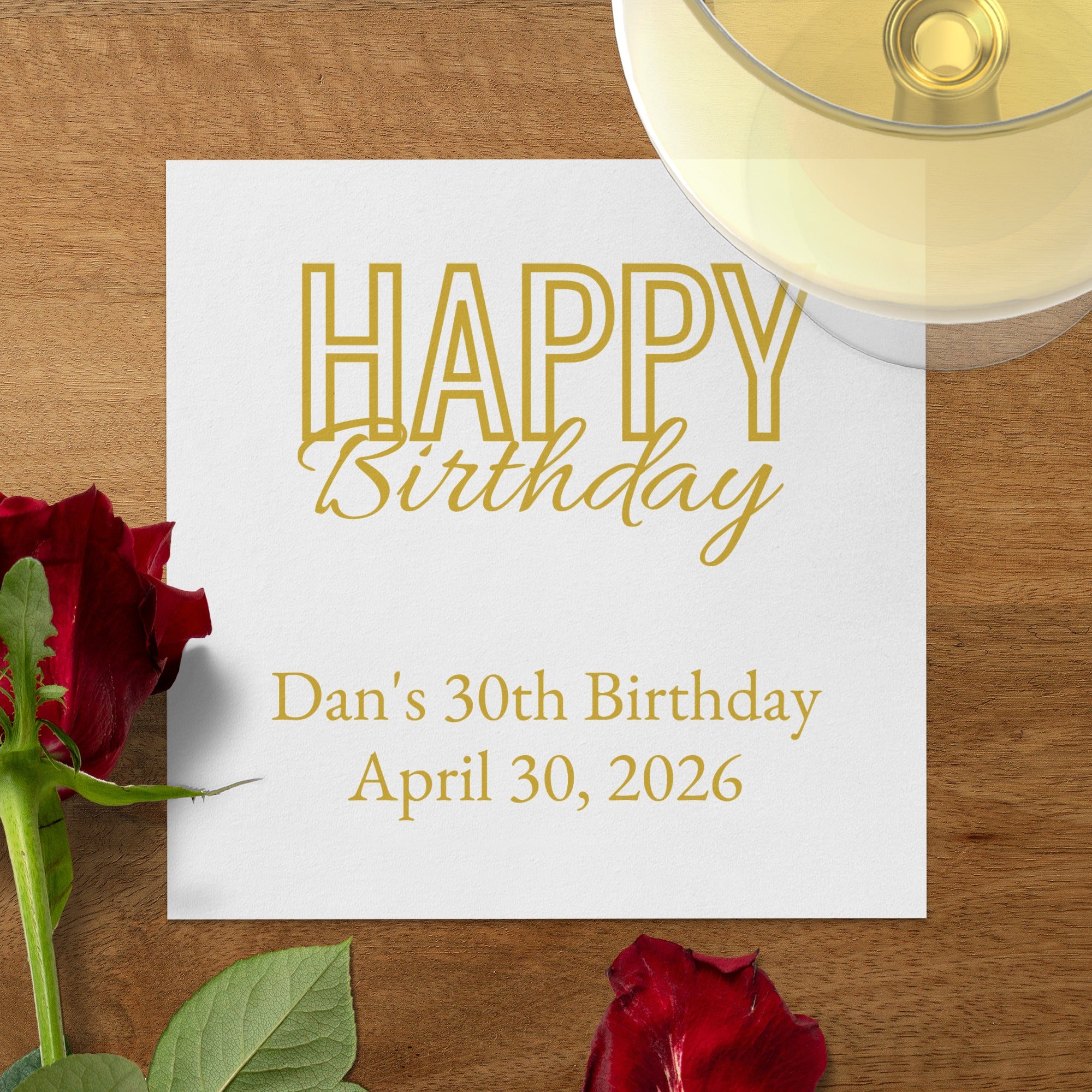 Custom Birthday Napkins – Personalized Happy Birthday Napkin with Name & Date – Elegant Gold Script Party Décor