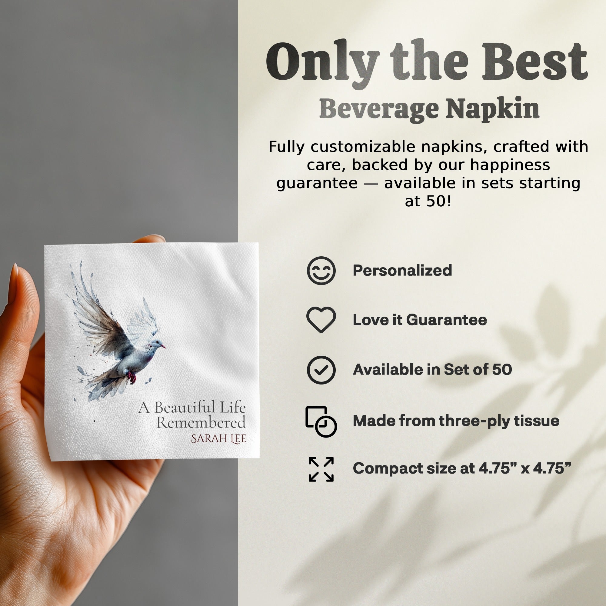 Personalized Memorial Napkins – A Beautiful Life Remembered – Dove of Peace Funeral Napkin with Custom Name – Elegant Celebration of Life