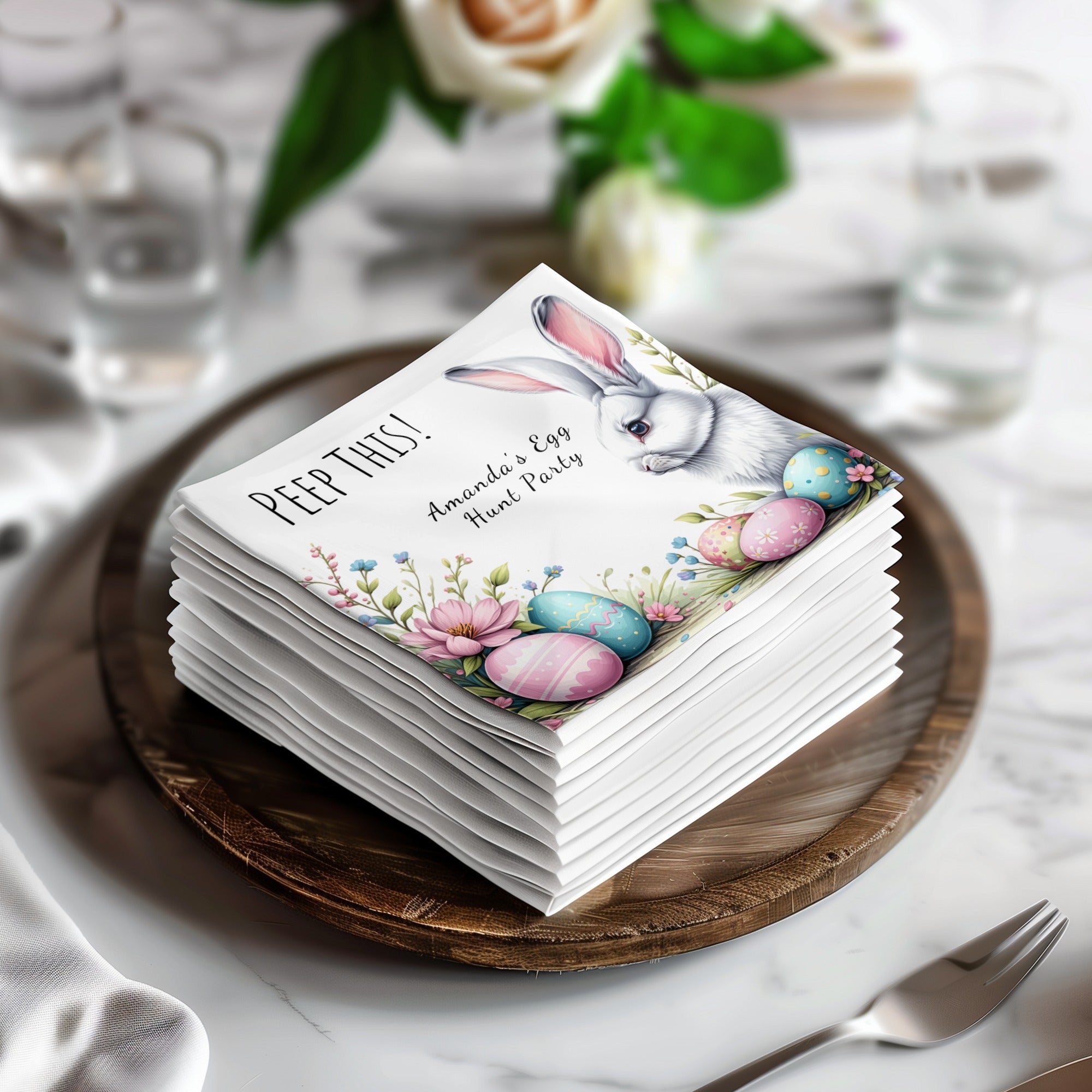 Peep This! Funny Easter Napkins – Bunny & Easter Egg Hunt Design – Personalized Spring Party Napkins