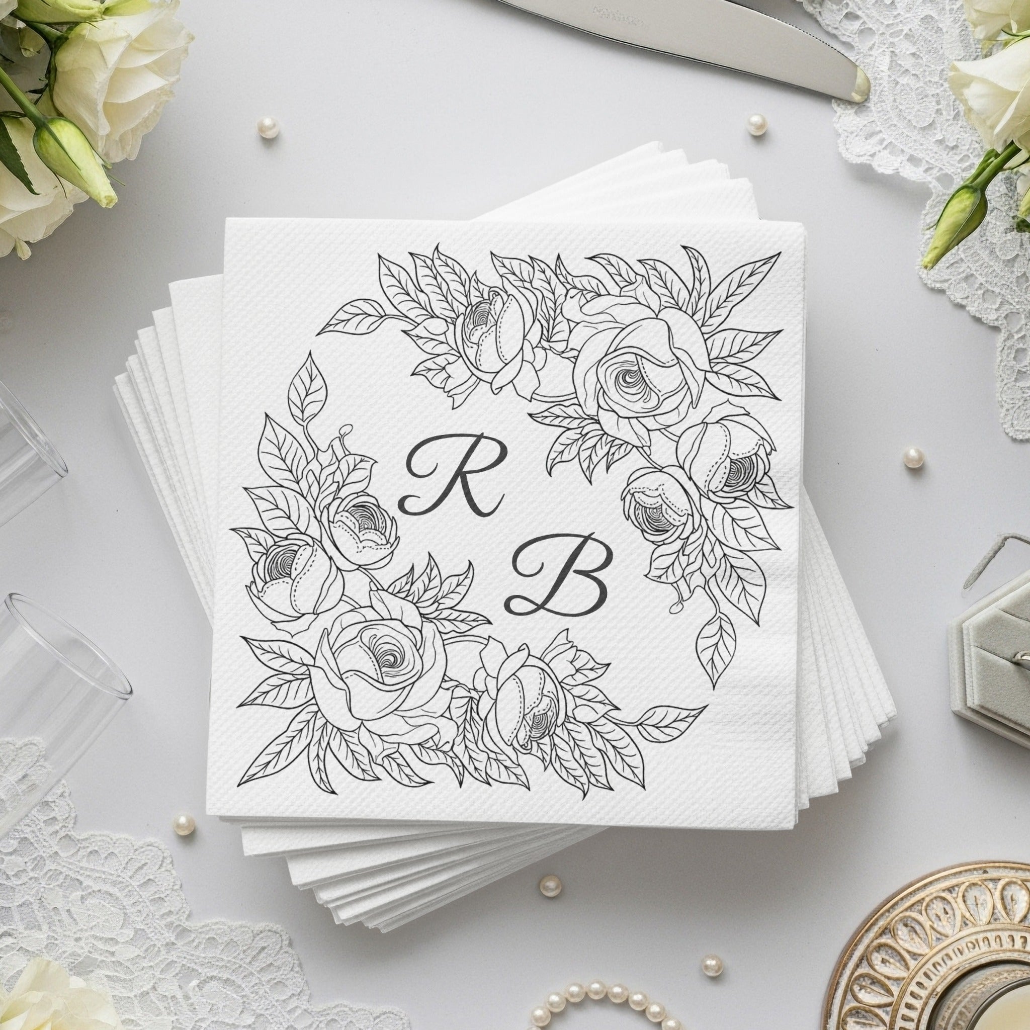 Personalized Wedding Napkins – Floral Monogram – Custom Wedding Napkin with Rose Frame – Classic Vintage Elegance