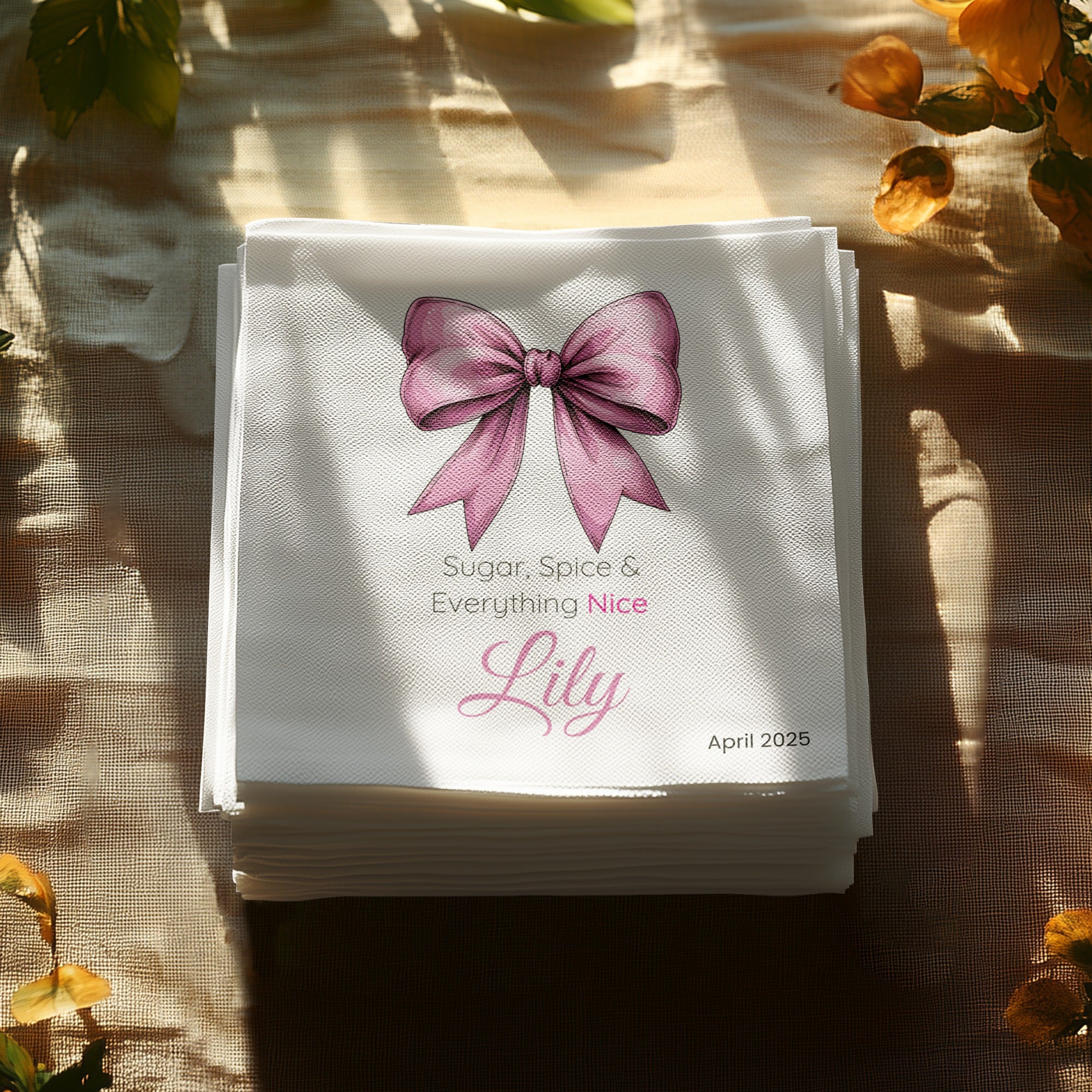 Personalized Baby Shower Napkins – Pink Bow – Sugar, Spice & Everything Nice – Custom Baby Shower Napkin with Satin Bow Artwork