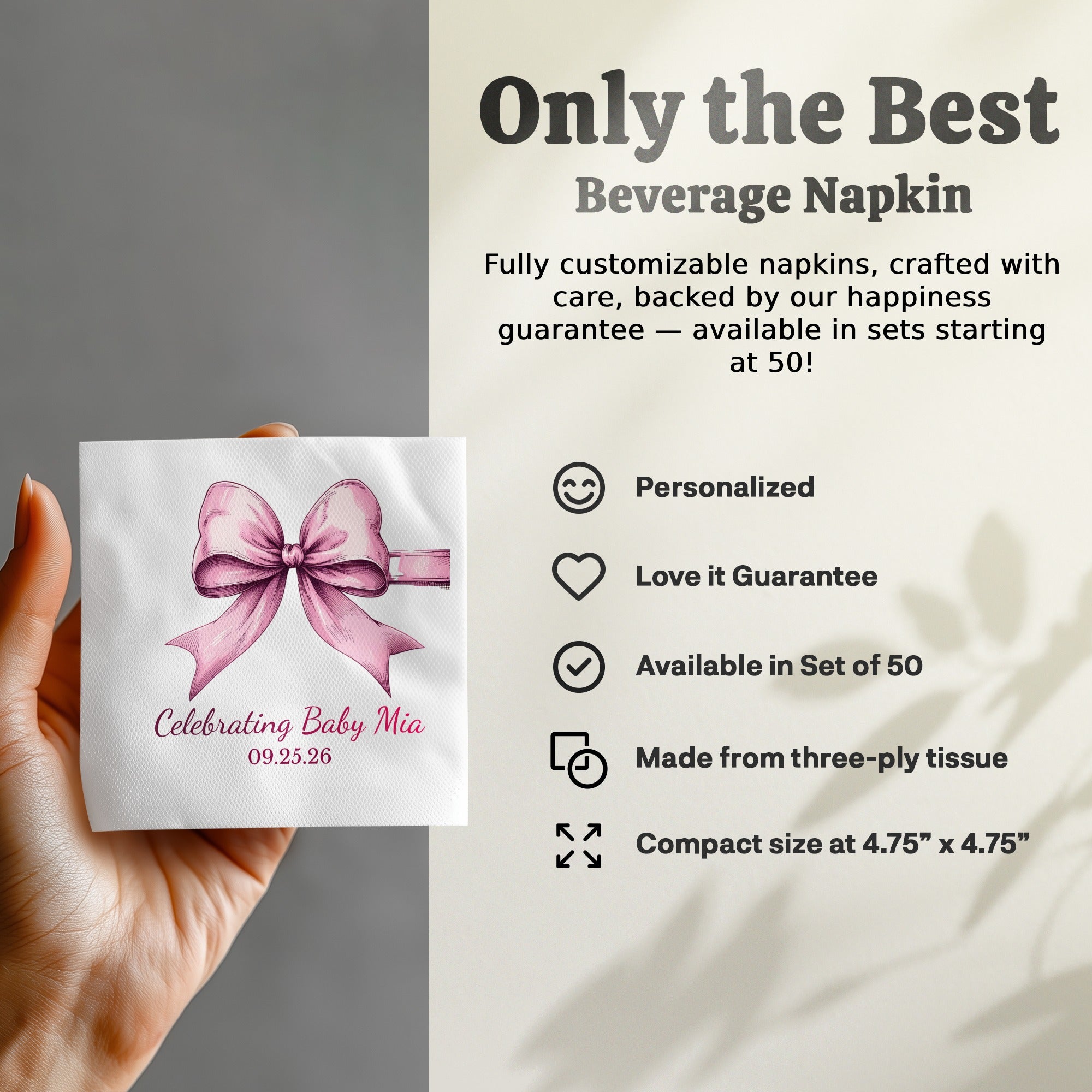 Personalized Baby Shower Napkins – Celebrating Baby – Elegant Pink Bow – Custom Baby Shower Napkin with Date Line