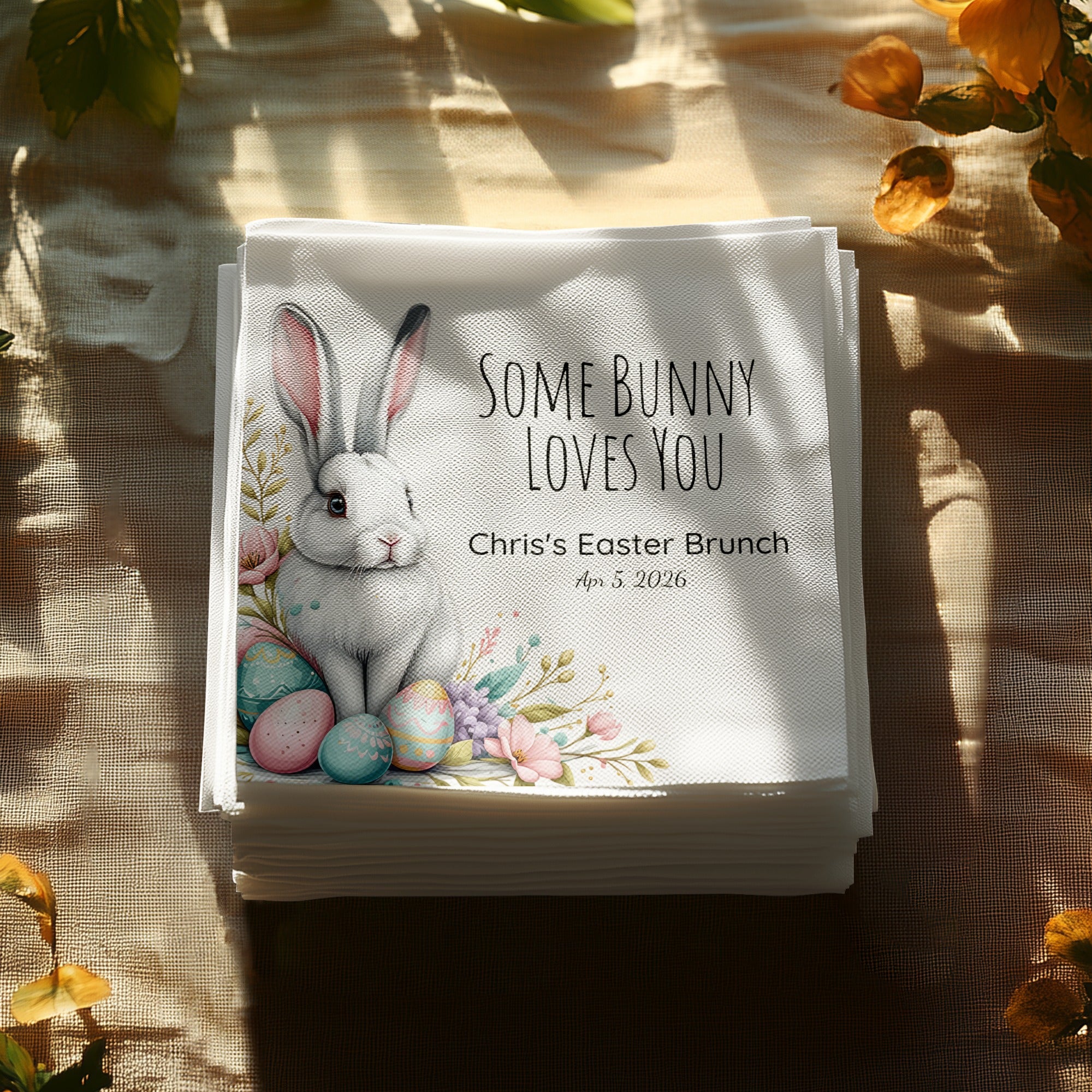 Personalized Easter Napkins – Some Bunny Loves You – Custom Easter Brunch Napkins with Bunny & Eggs – Spring Celebration Decor
