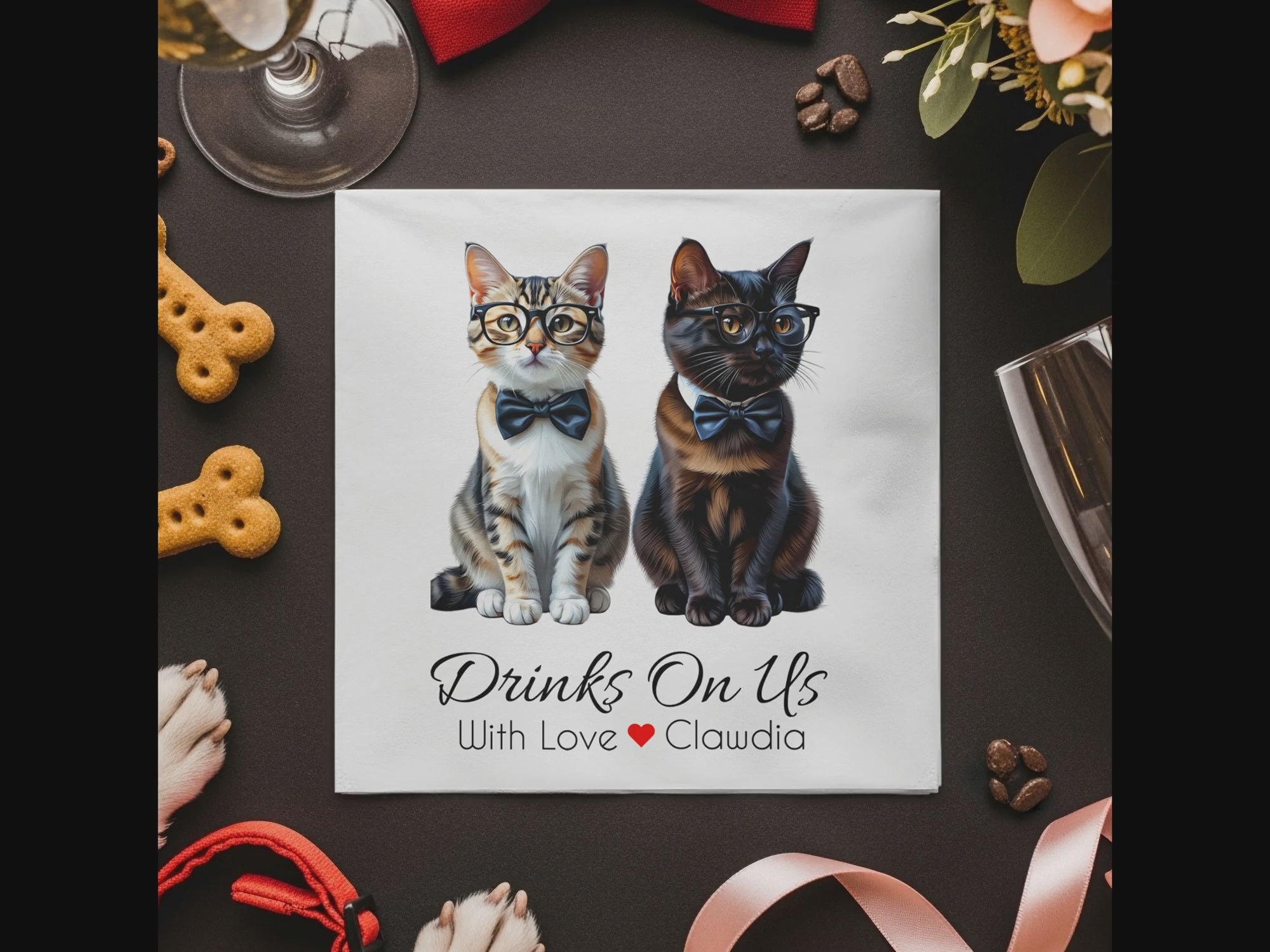 Cats Napkin, Funny Cat Napkins, Party Napkins, Drinks On Us Napkin, Pet Lover Gift, Cat with Bow Tie, Cute Cat Napkins