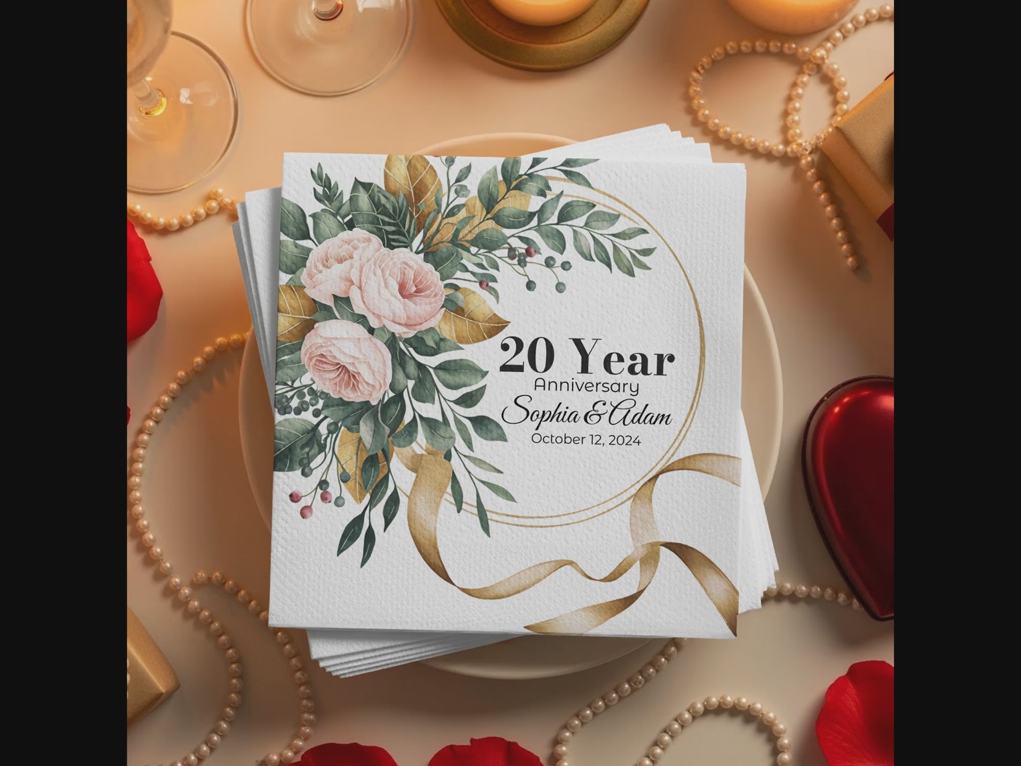 Personalized Floral Napkins – Elegant Wreath Design – Custom Anniversary Napkin with Name & Years