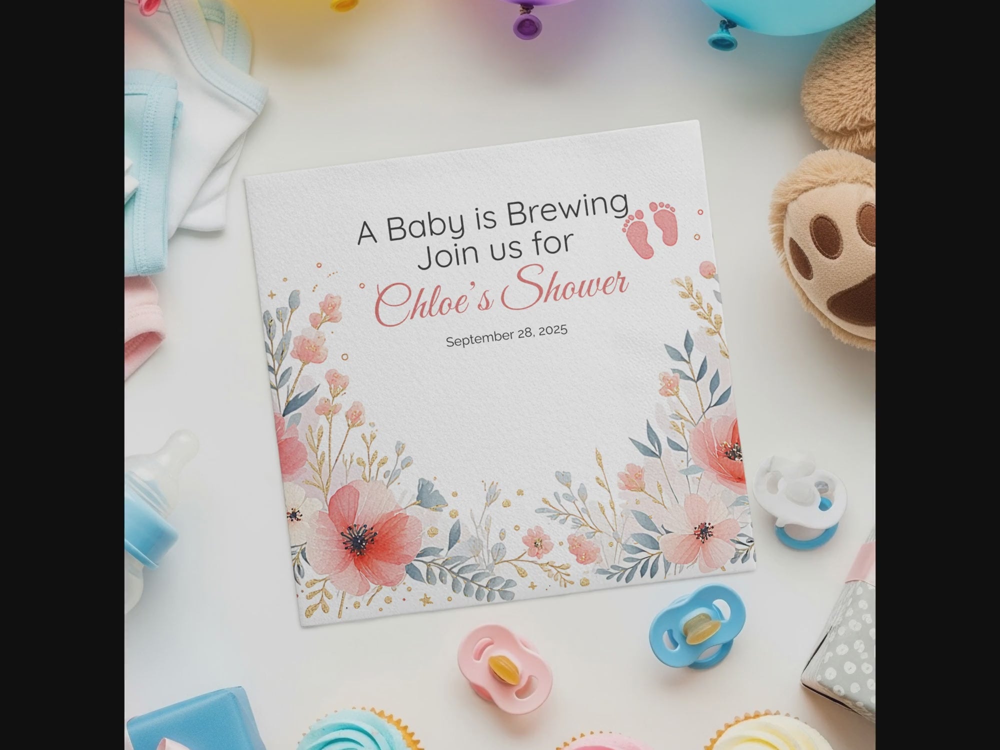 Personalized Baby Shower Napkins – A Baby Is Brewing – Custom Baby Shower Napkin with Florals & Footprints – Whimsical Tea Theme