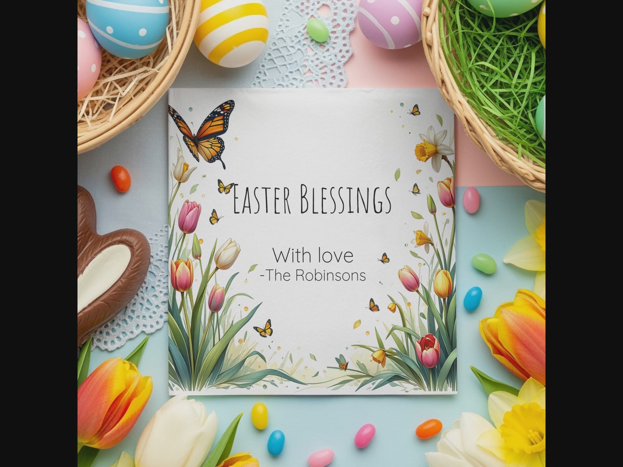 Personalized Easter Blessings Napkins – Spring Tulips & Butterflies – Custom Easter Party Napkin with Name