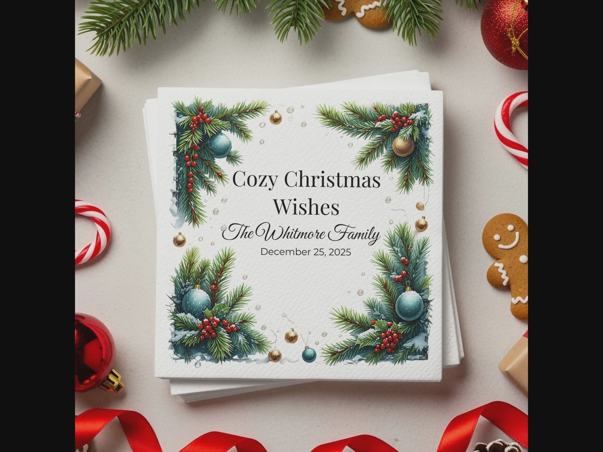 Cozy Christmas Napkins – Personalized Holiday Beverage Napkin with Family Name – Festive Pine & Ornament Design