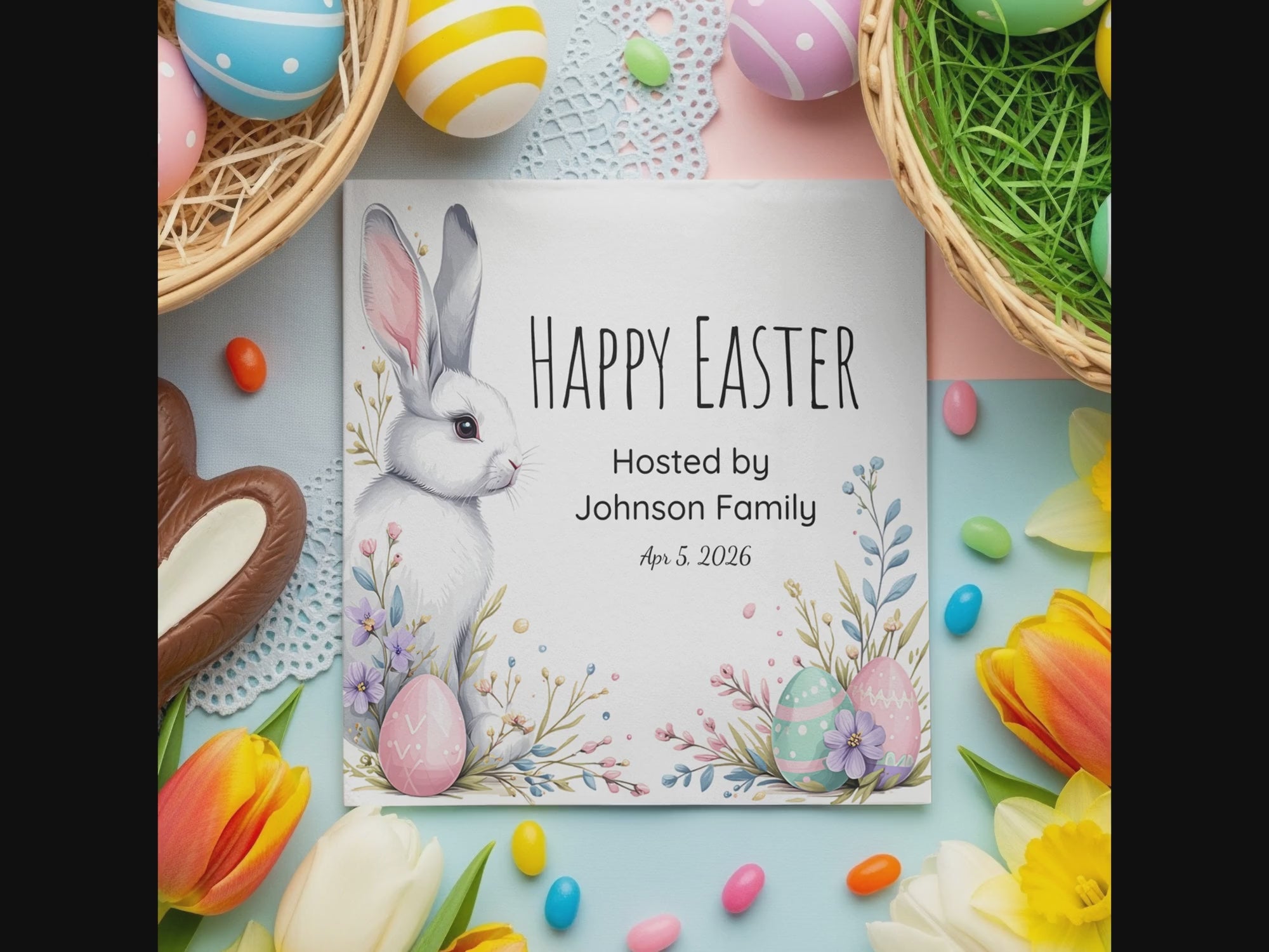 Happy Easter Napkins – Cute Bunny & Pastel Eggs – Personalized Easter Party Napkin