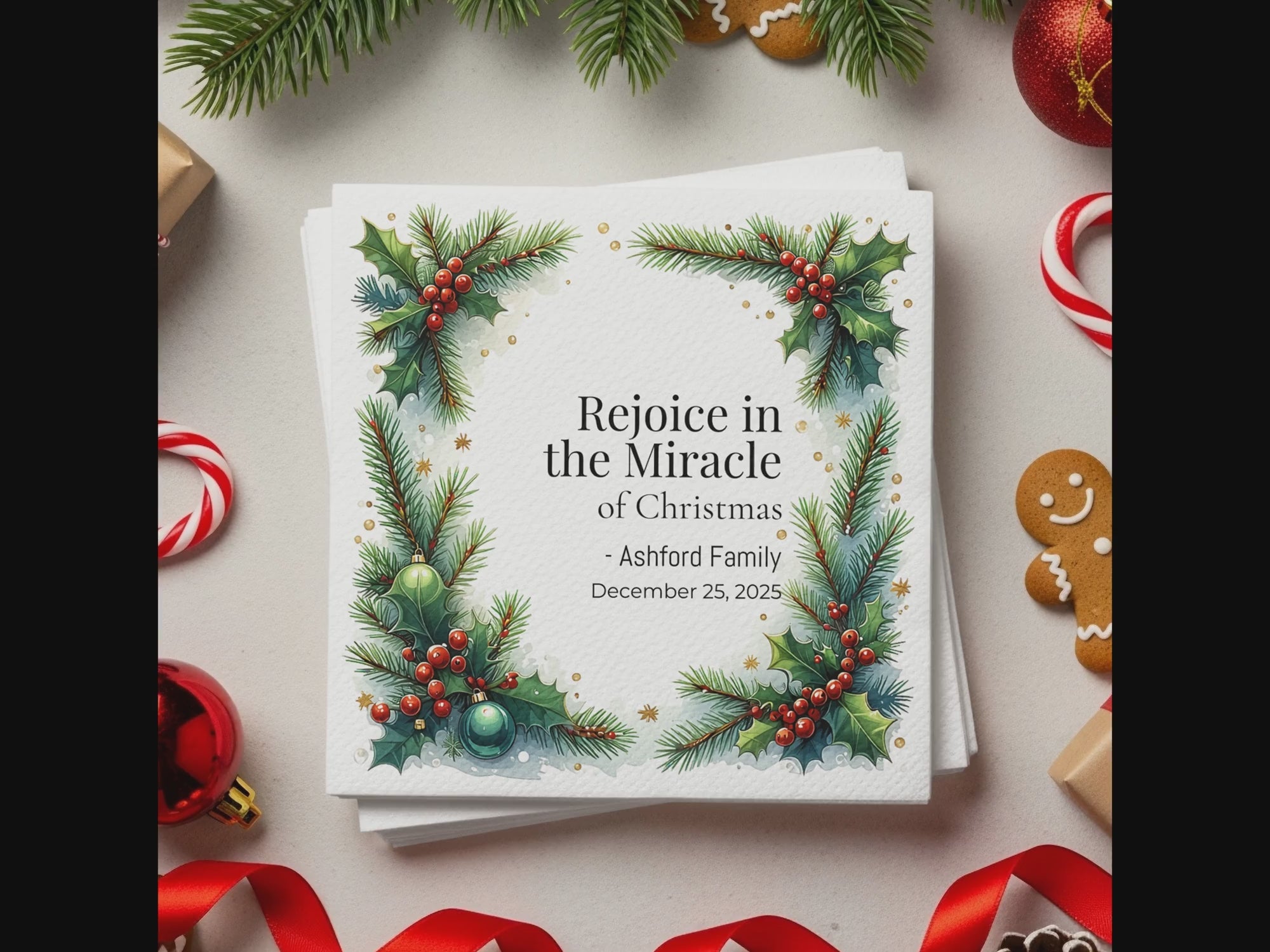 Religious Christmas Napkins – Personalized Holiday Beverage Napkin with Holly & Pine Border – Rejoice in the Miracle of Christmas