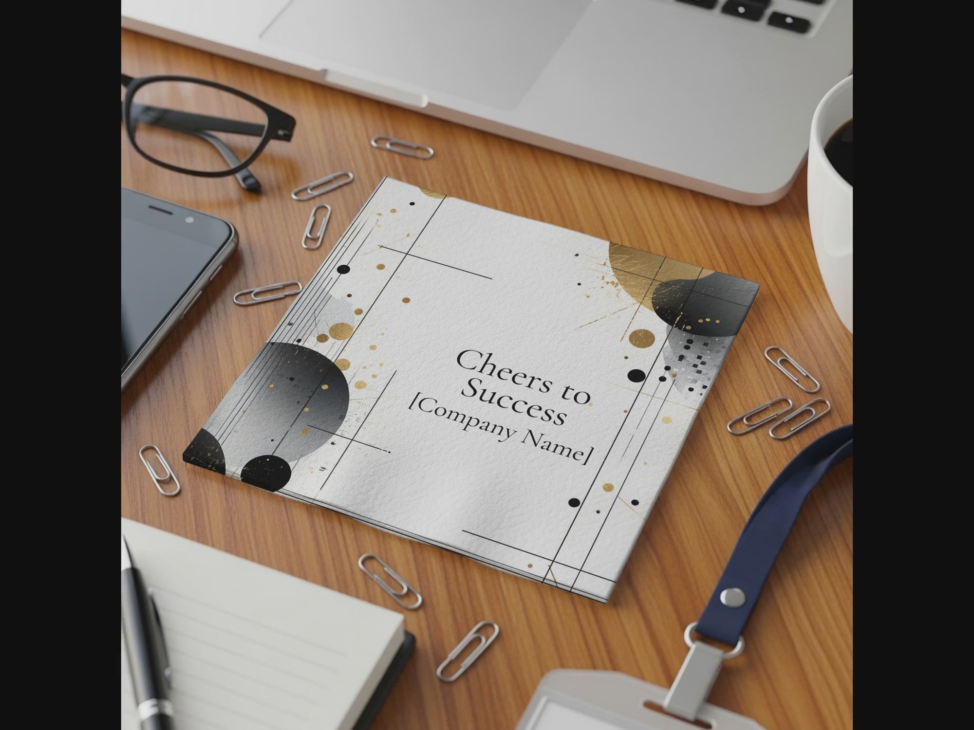 Personalized Corporate Event Napkins – Custom Logo & Company Name – Modern Geometric Black and Gold Design – Cheers to Success