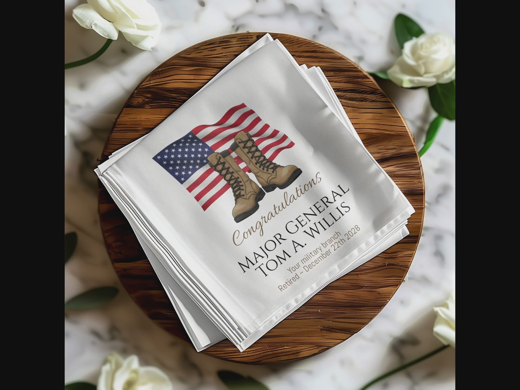 Military Retirement Napkin, Personalized Gift, US Flag, Boots, Major General, Retirement Party Decoration, Military Party Supplies