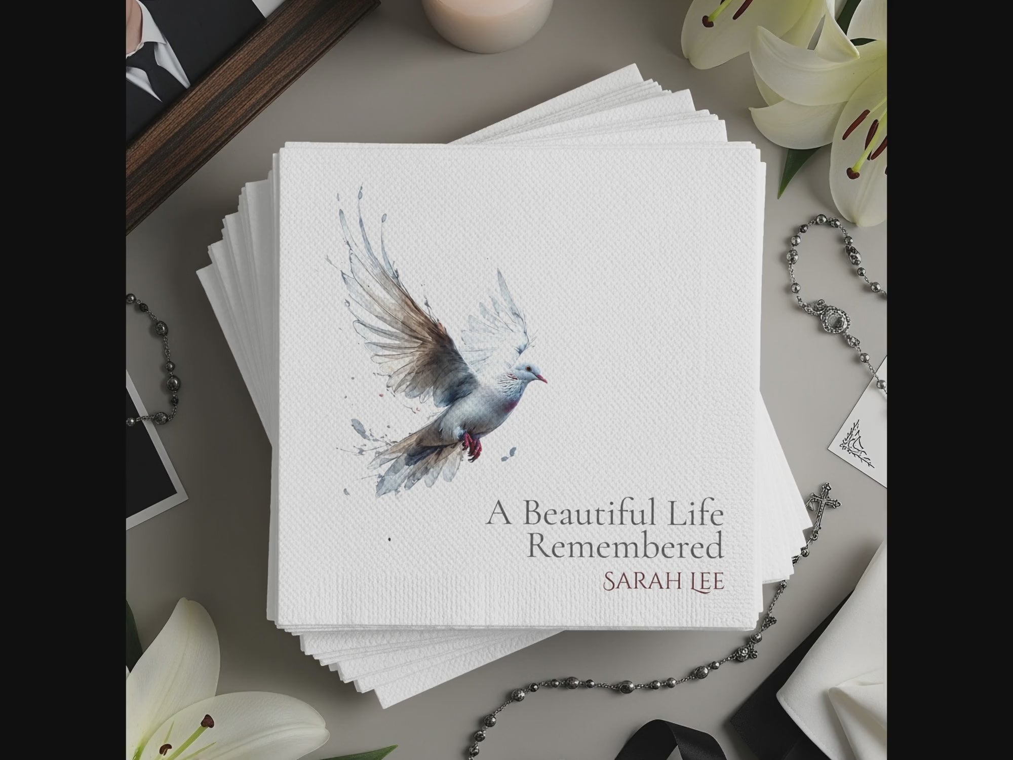 Personalized Memorial Napkins – A Beautiful Life Remembered – Dove of Peace Funeral Napkin with Custom Name – Elegant Celebration of Life