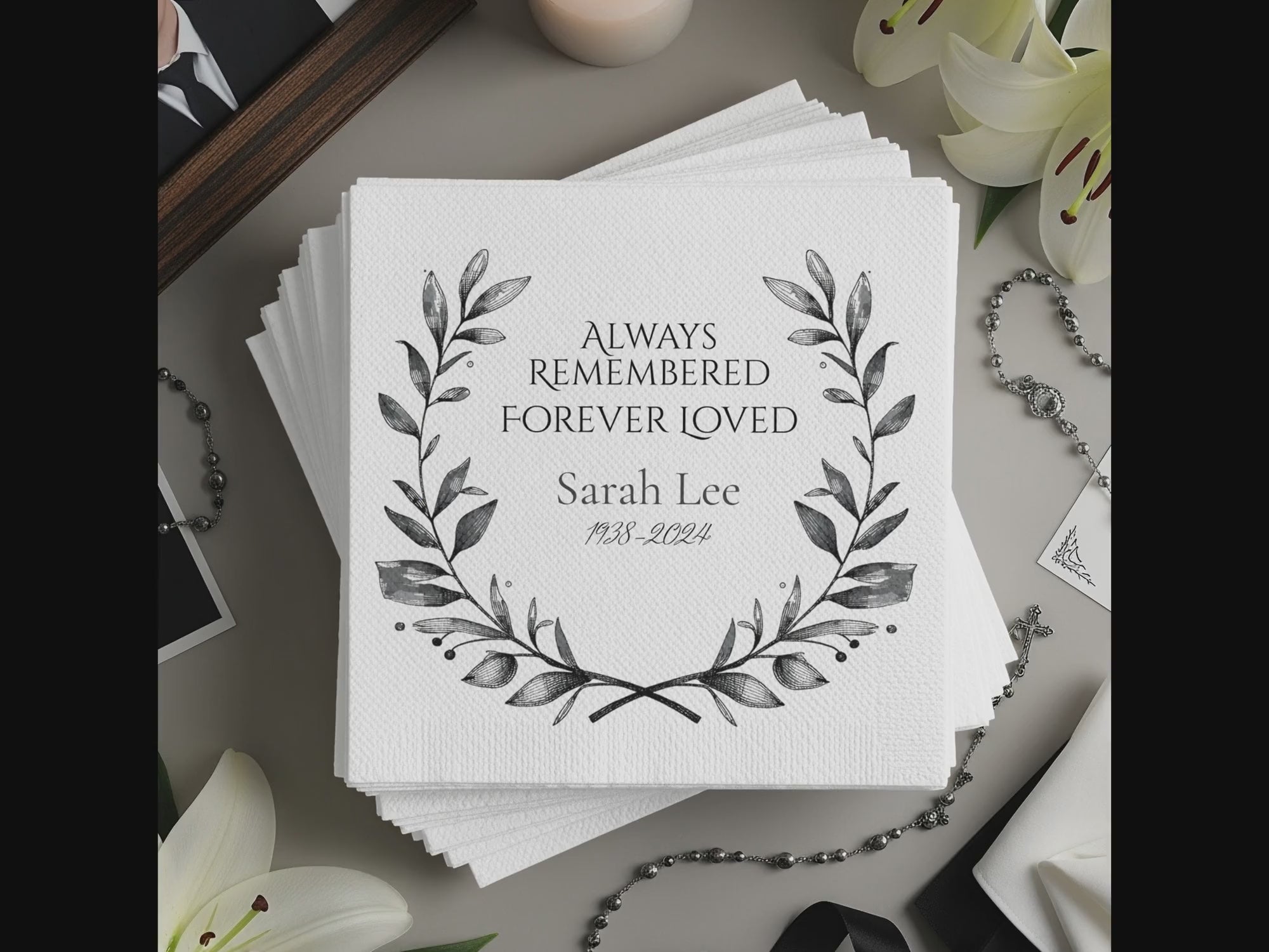 Personalized Memorial Napkins – Always Remembered, Forever Loved – Custom Funeral Napkin with Name & Years