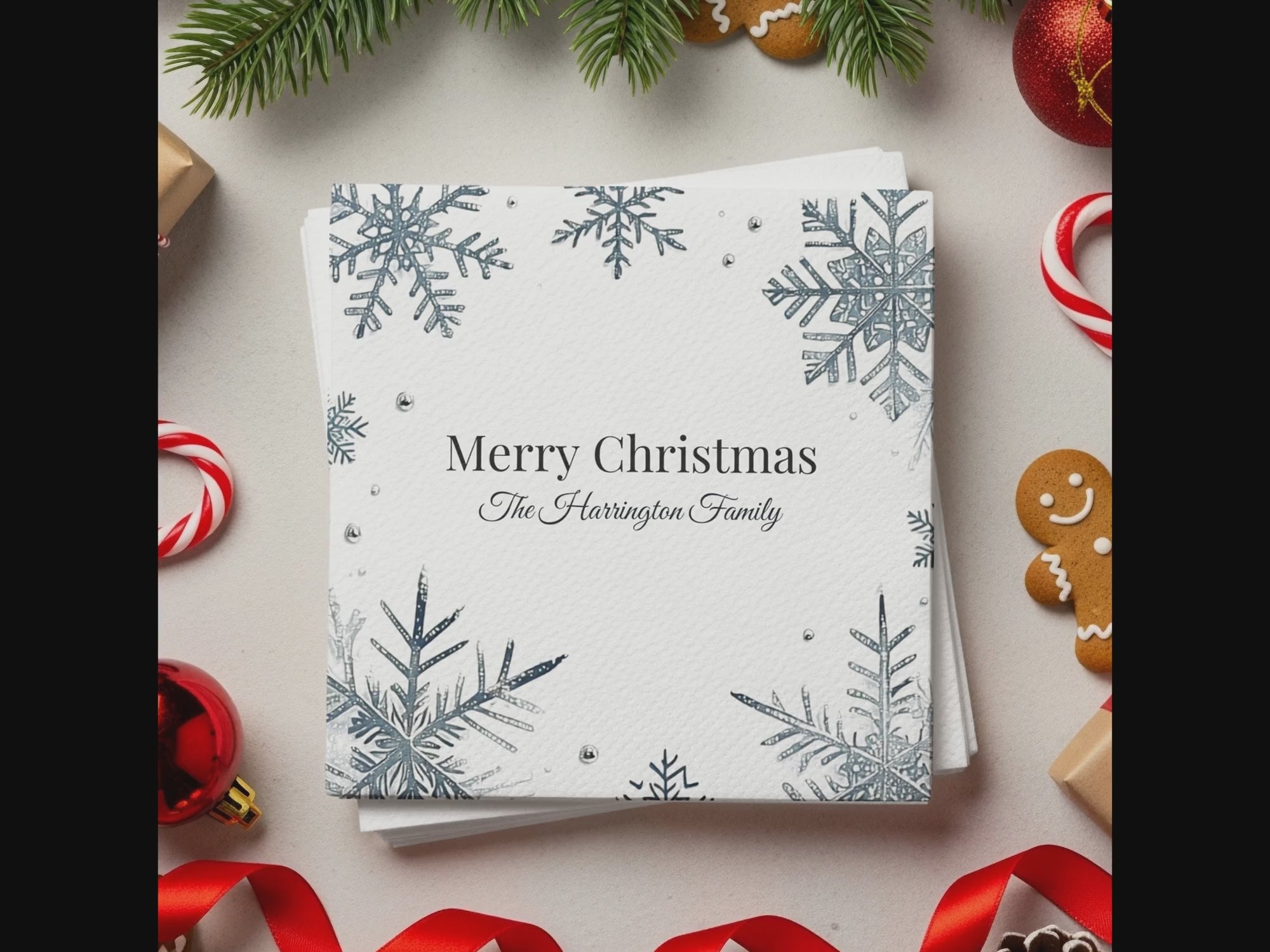 Personalized Christmas Napkins – Custom Holiday Beverage Napkin with Family Name – Elegant Snowflake Design