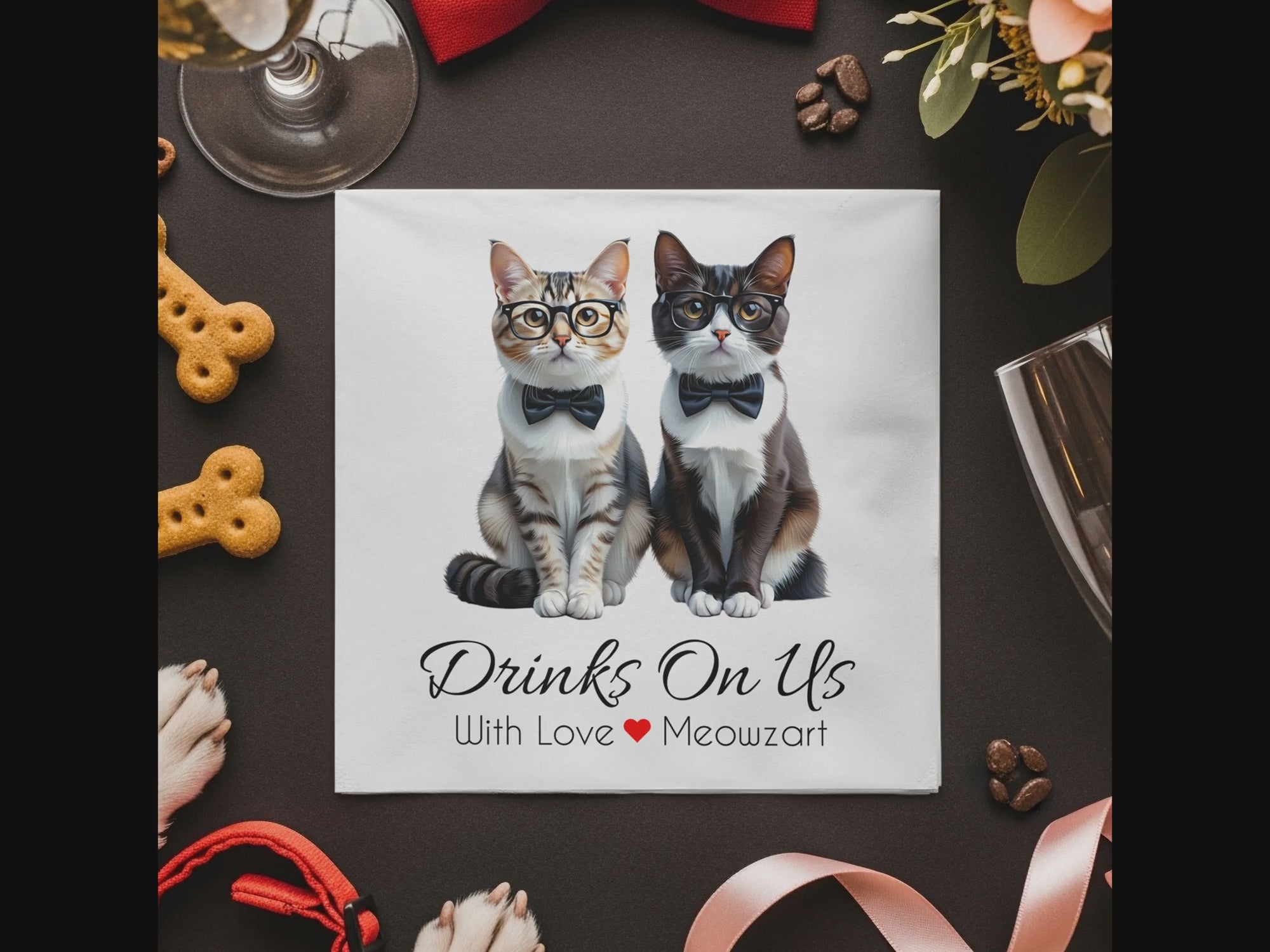 Drinks On Us Napkins, Cats with Bow Ties Napkins, Funny Cats Napkins, Party Napkins, Cocktail Napkins, Unique Table Decor