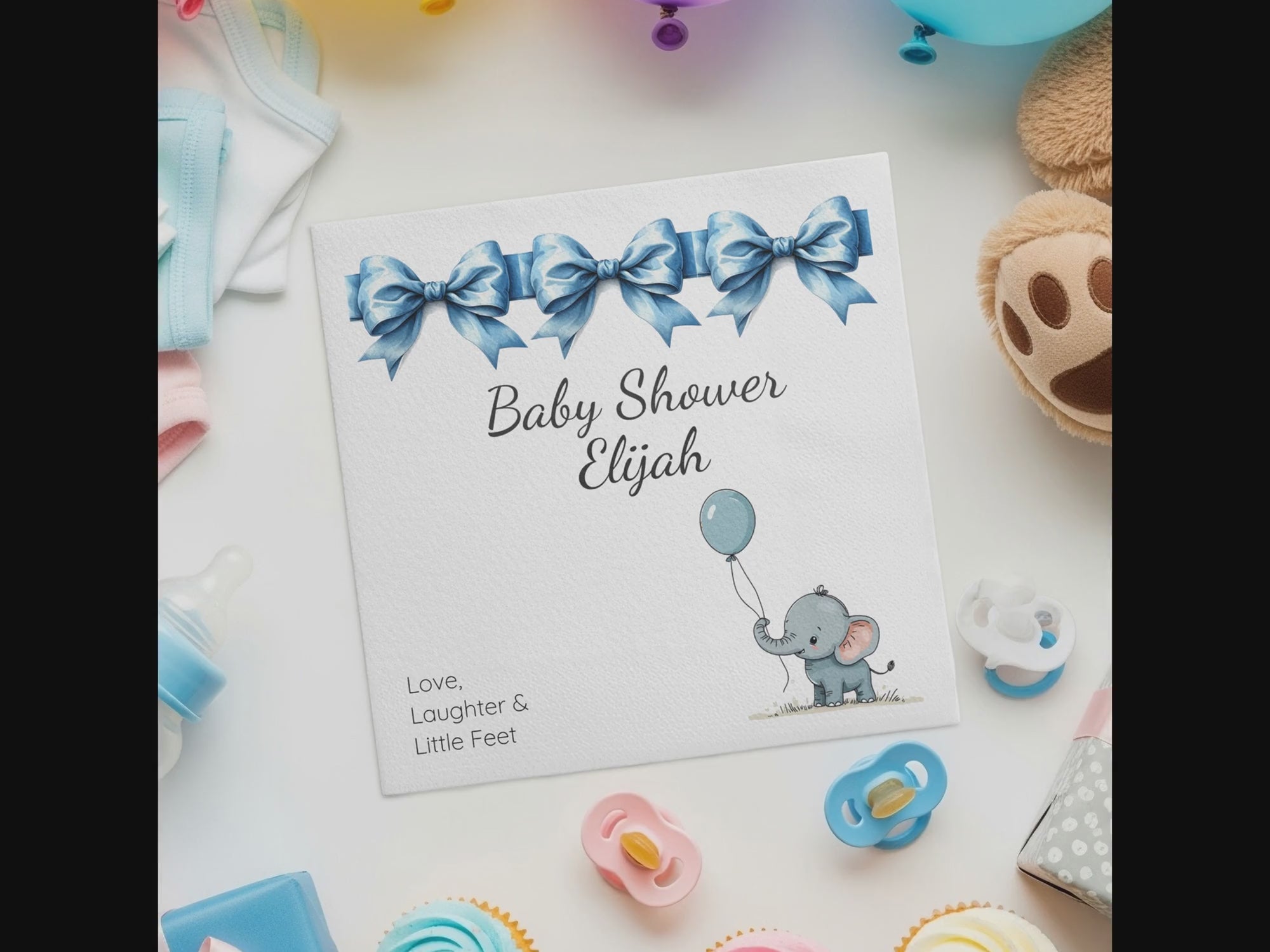 Personalized Baby Shower Napkins – Blue Bows & Elephant – Custom Baby Boy Shower Napkin with Balloon Illustration