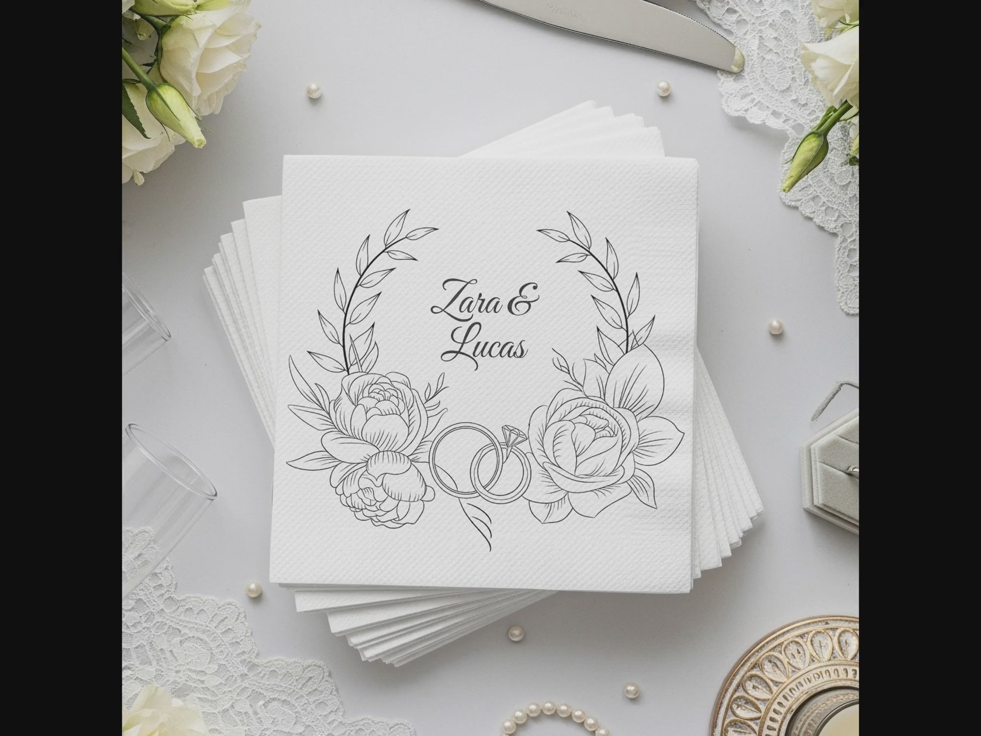 Personalized Wedding Napkins – Floral Ring Wreath – Custom Wedding Napkin with Roses & Rings – Romantic Botanical Style