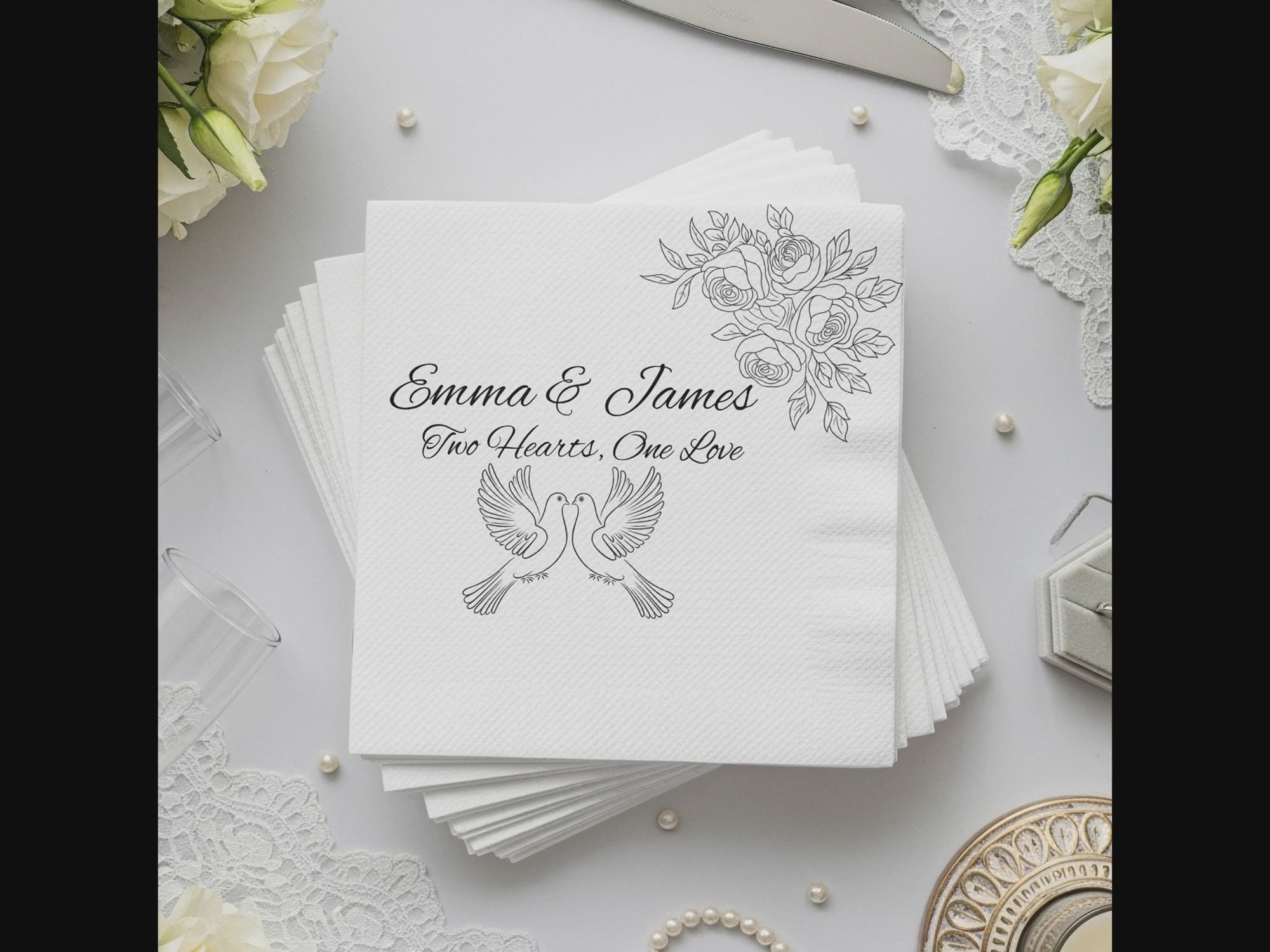 Personalized Wedding Napkins – Love Doves & Roses – Custom Wedding Napkin with Romantic Dove Illustration – Symbol of Unity