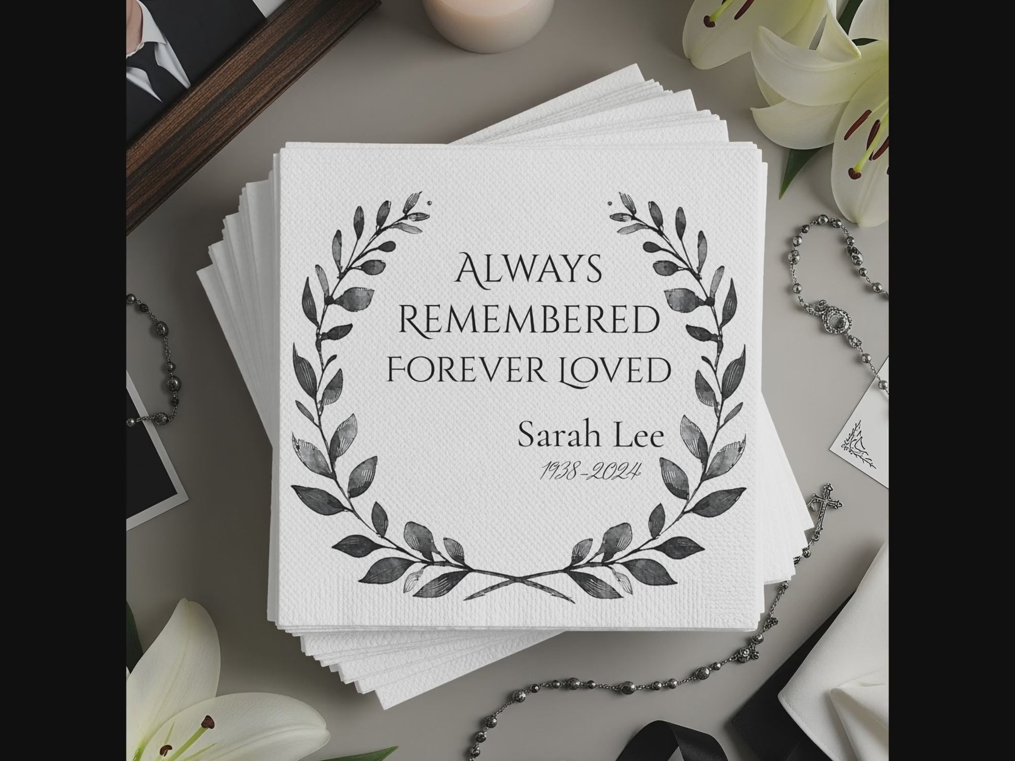 Personalized Memorial Napkins – Custom Funeral Napkin with Name & Years – Always Remembered Forever Loved – Laurel Wreath Design