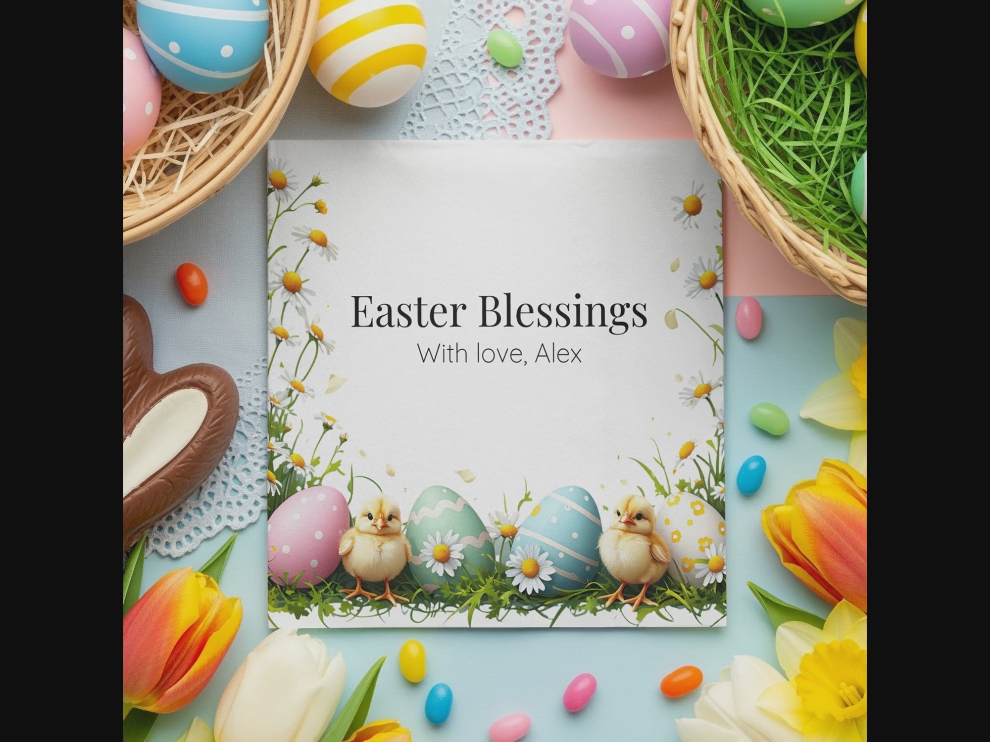 Easter Blessings Napkins – Pastel Eggs & Baby Chicks – Custom Spring Napkin with Name