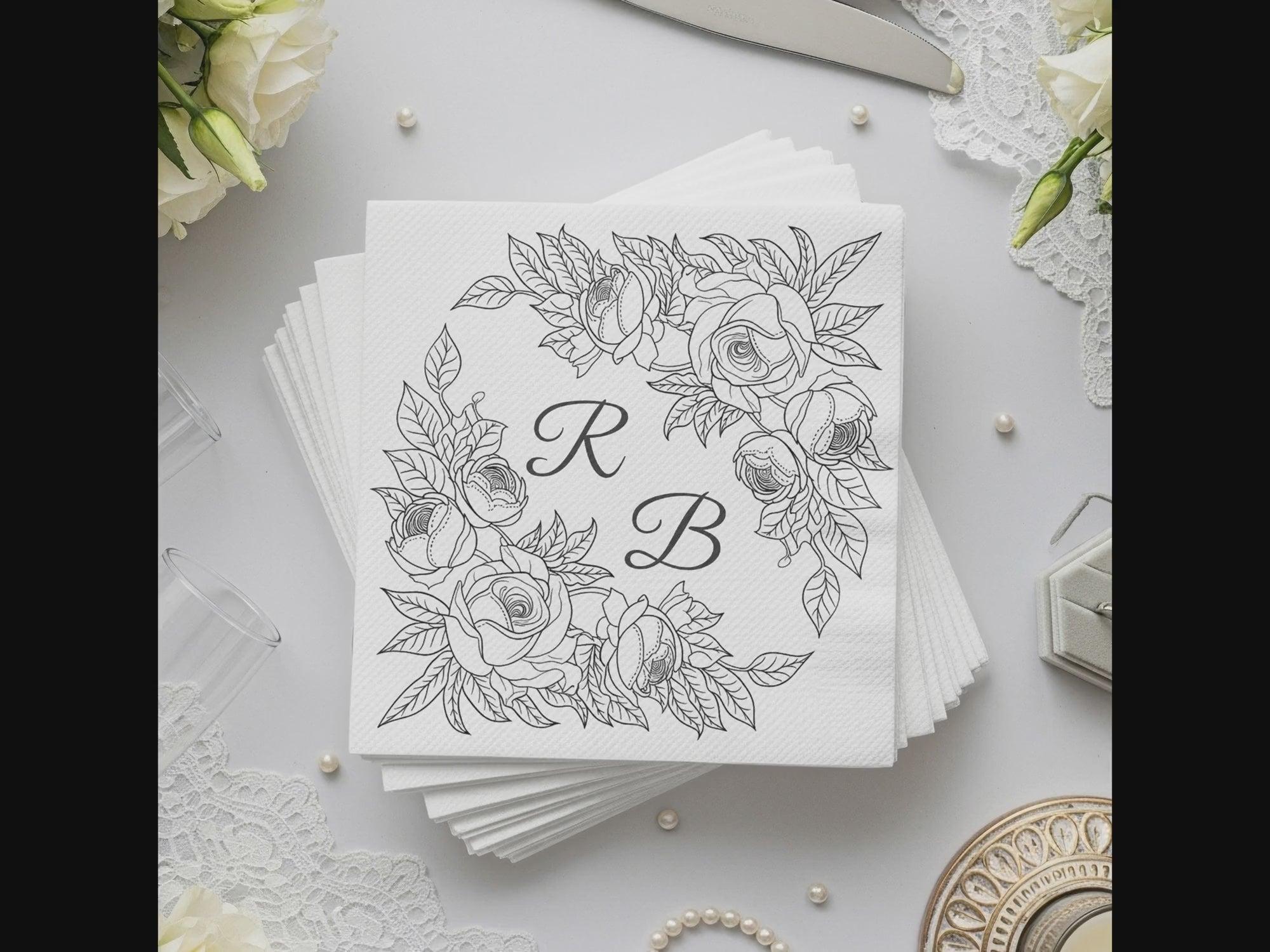 Personalized Wedding Napkins – Floral Monogram – Custom Wedding Napkin with Rose Frame – Classic Vintage Elegance