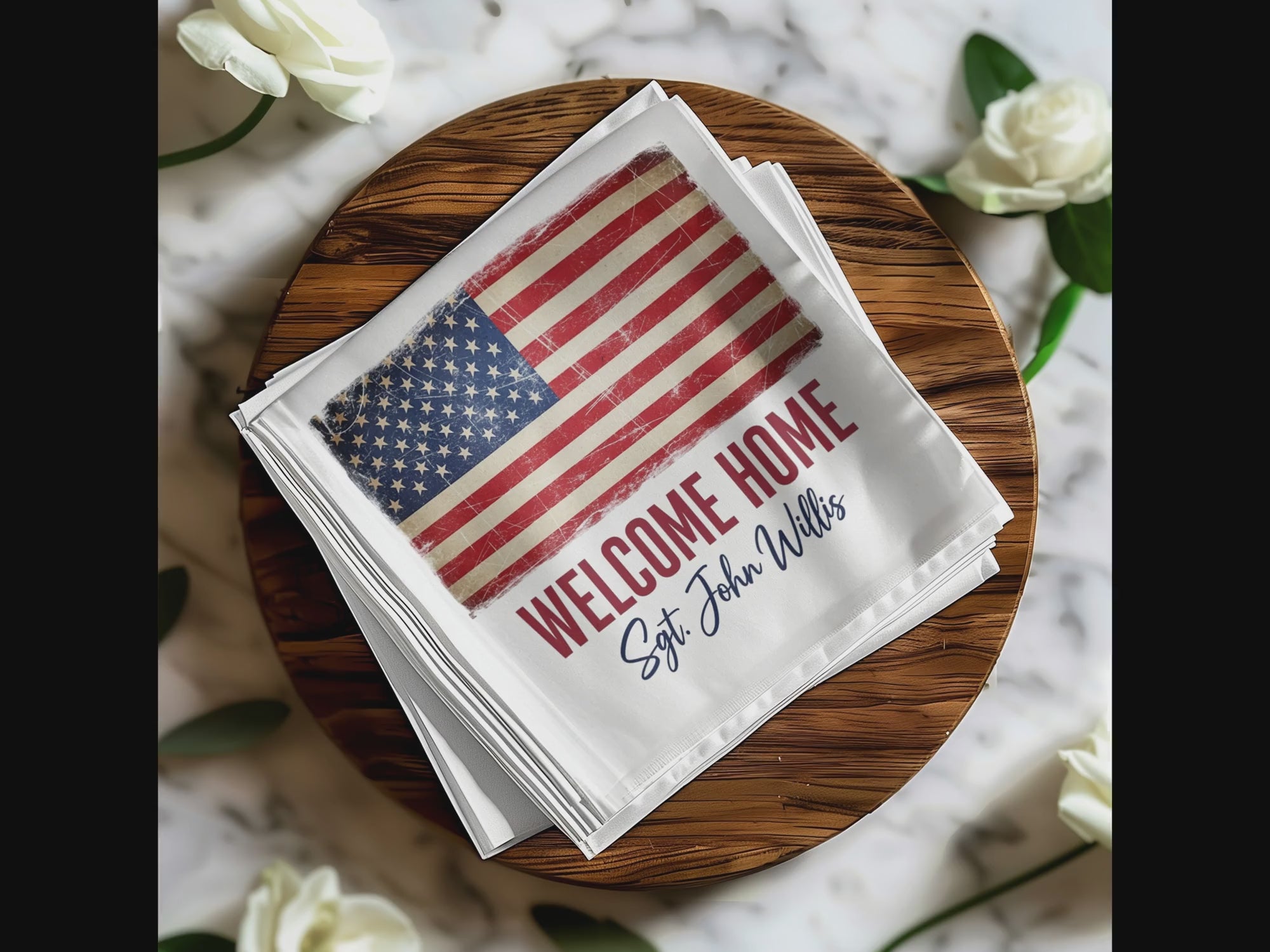 Welcome Home Napkin, American Flag, Sgt John Willis, Patriotic Napkin, Military Napkin, Celebration Napkin, Party Favor