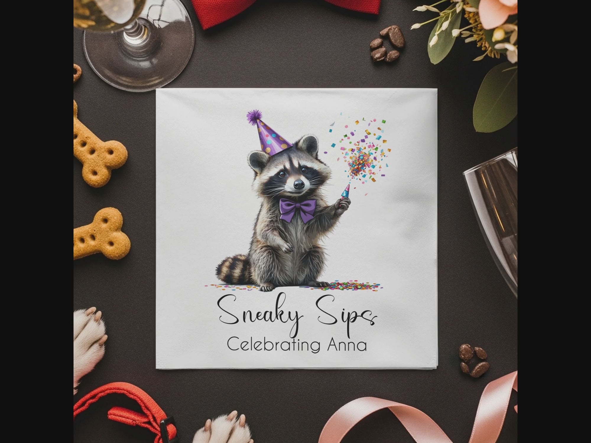 Party Raccoon Napkin, Celebrating Anna, Sneaky Sips Design, Cute Animal Napkins, Birthday Napkins, Festive Napkins