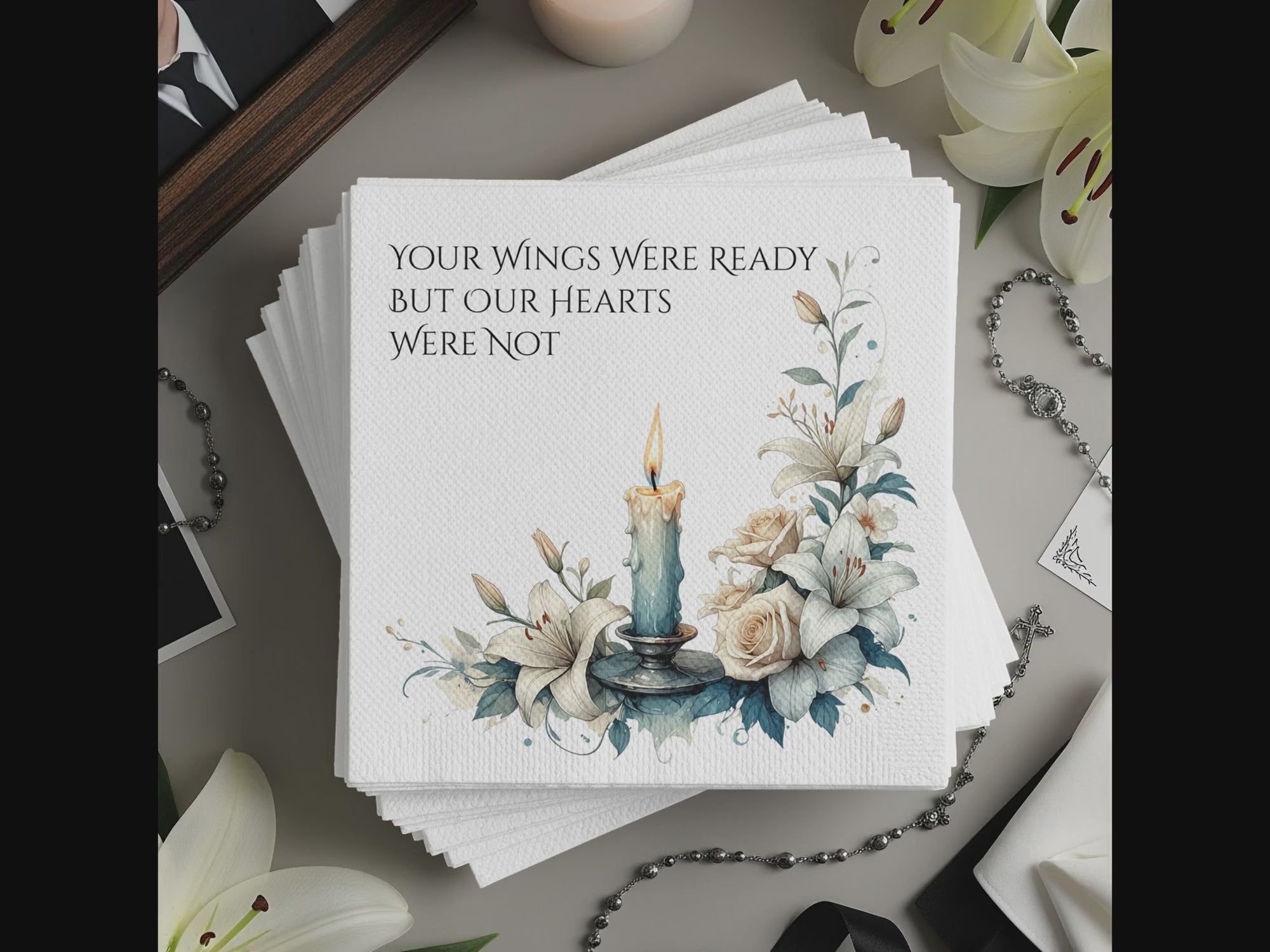 Personalized Memorial Napkins – Custom Funeral Napkin with Candle & Florals – Your Wings Were Ready But Our Hearts Were Not
