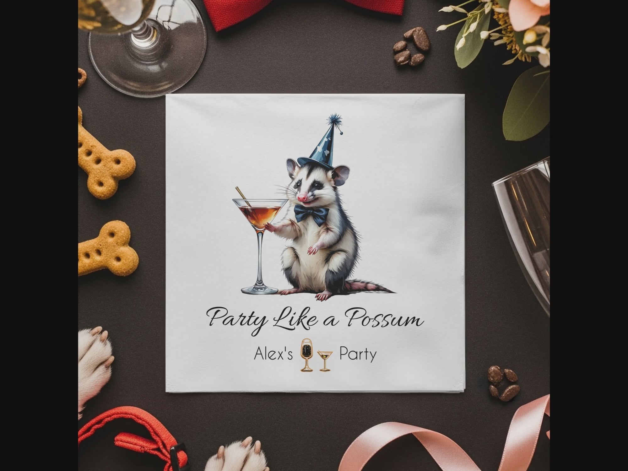 Party Possum Napkin, Cocktail Napkin, Funny Animal Napkin, Birthday Party Decoration, Festive Napkin, Unique Party Favor, Cute Napkin