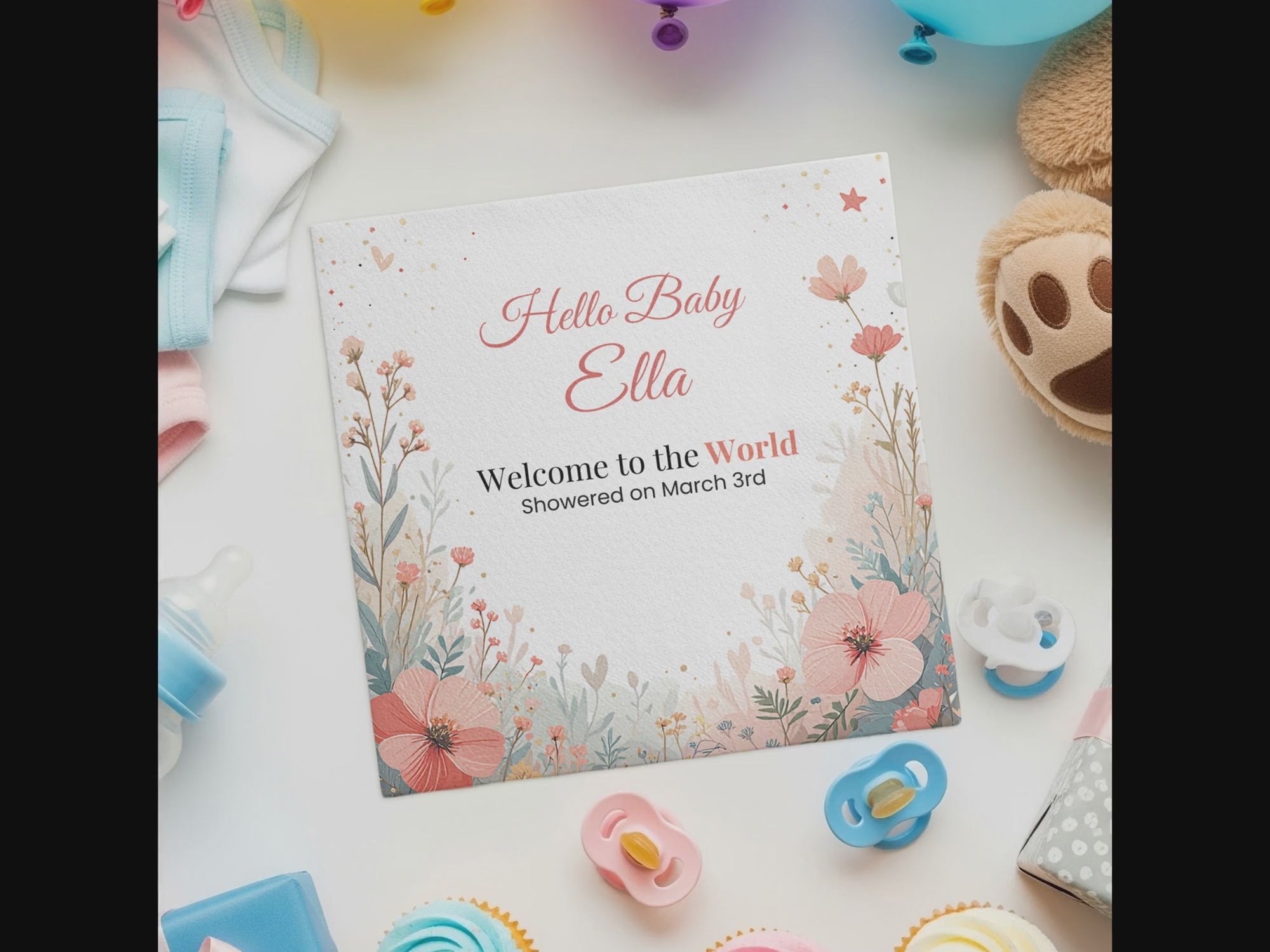 Personalized Baby Shower Napkins – Hello Baby – Custom Baby Shower Napkin with Pastel Floral Border – Keepsake Date Line