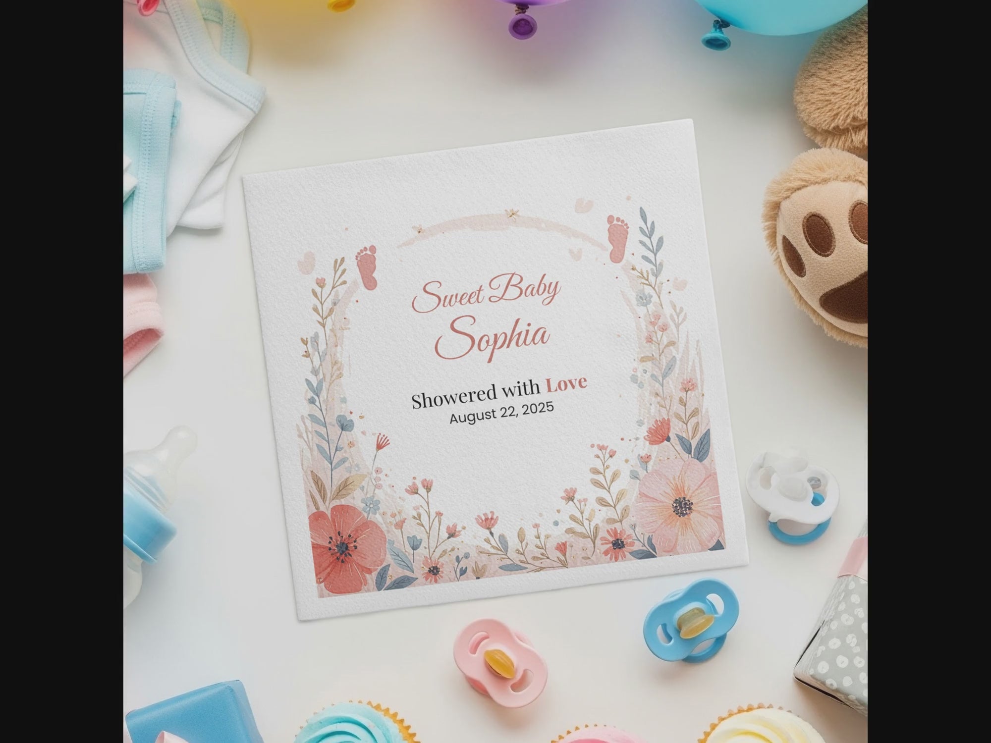 Personalized Baby Shower Napkins – Sweet Baby – Showered with Love – Custom Baby Shower Napkin with Florals & Footprints