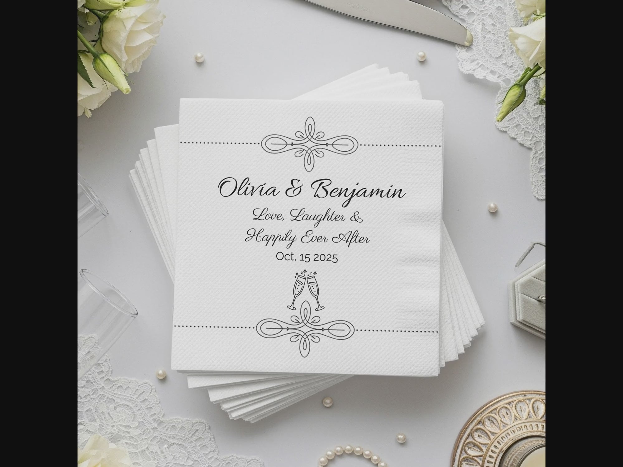 Personalized Wedding Napkins – Love, Laughter & Happily Ever After – Custom Wedding Napkin with Champagne Glasses – Celebration Theme